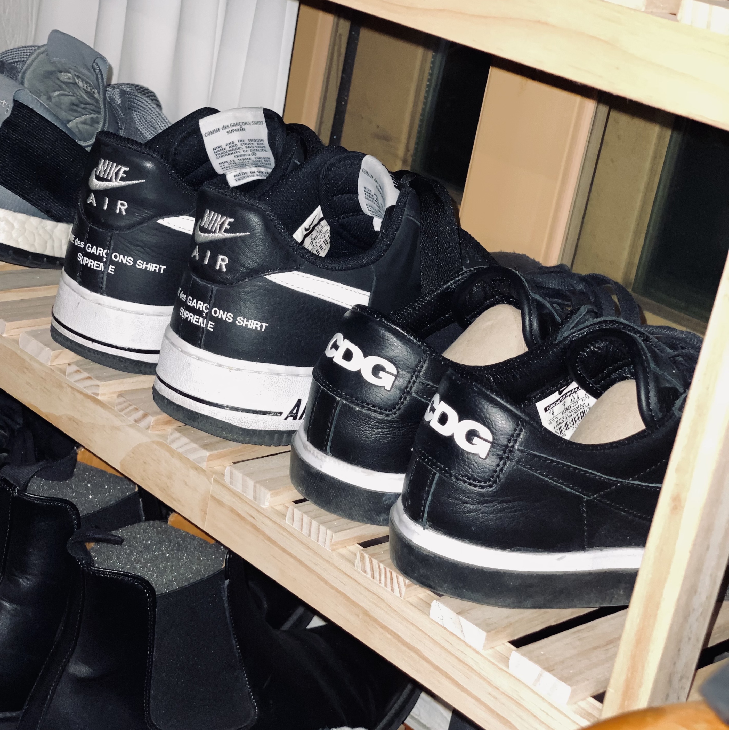 Nike x Comme des Garcons Shirt x Supreme Air Force 1 Low 2018, Nike x Black Comme des Garcons SB Blazer Low Black White 착용 스타일