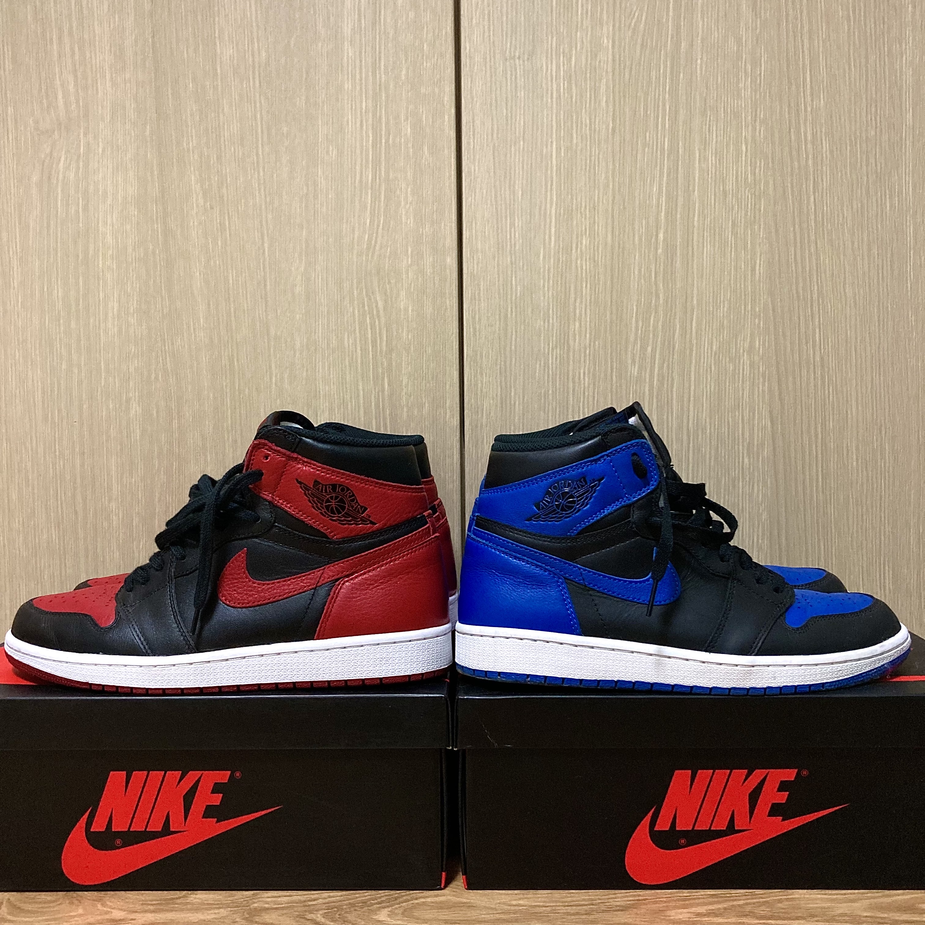 Jordan 1 Retro High OG Bred Banned 2016, Jordan 1 Retro Royal 2017 착용 스타일