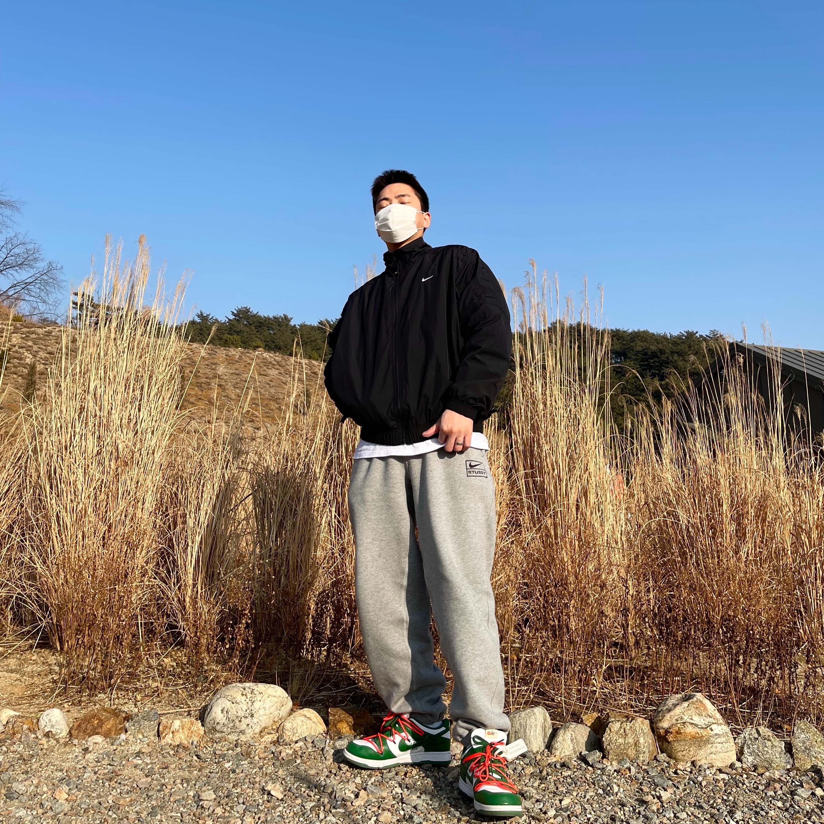 Nike M NRG Track Jacket Black, Nike x Stussy NRG BR Fleece Pants Grey 착용 스타일