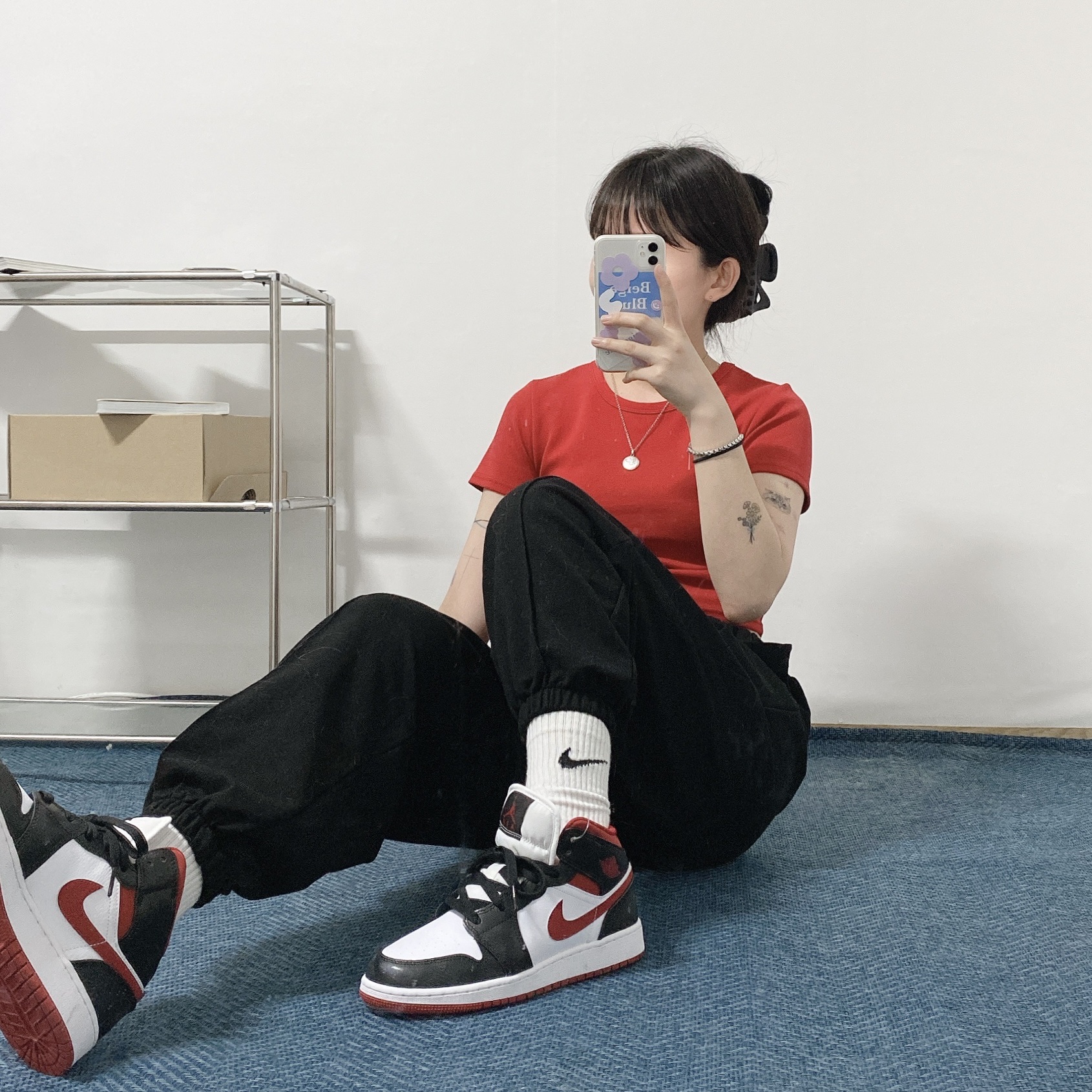 (GS) Jordan 1 Mid Gym Red Black White, Jordan 1 Mid Gym Red Black White 착용 스타일
