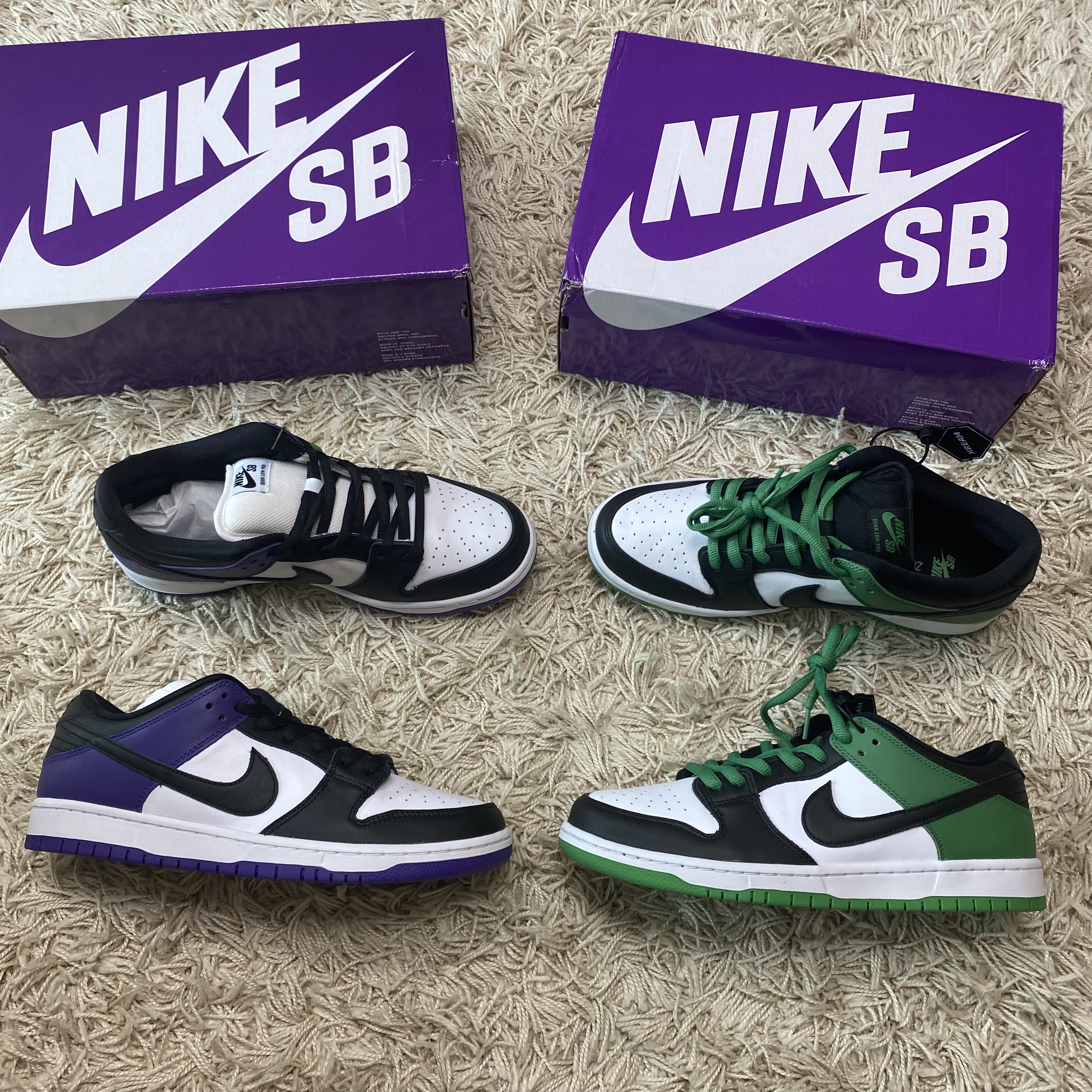Nike SB Dunk Low Pro Black and Classic Green, Nike SB Dunk Low Pro Court Purple 착용 스타일
