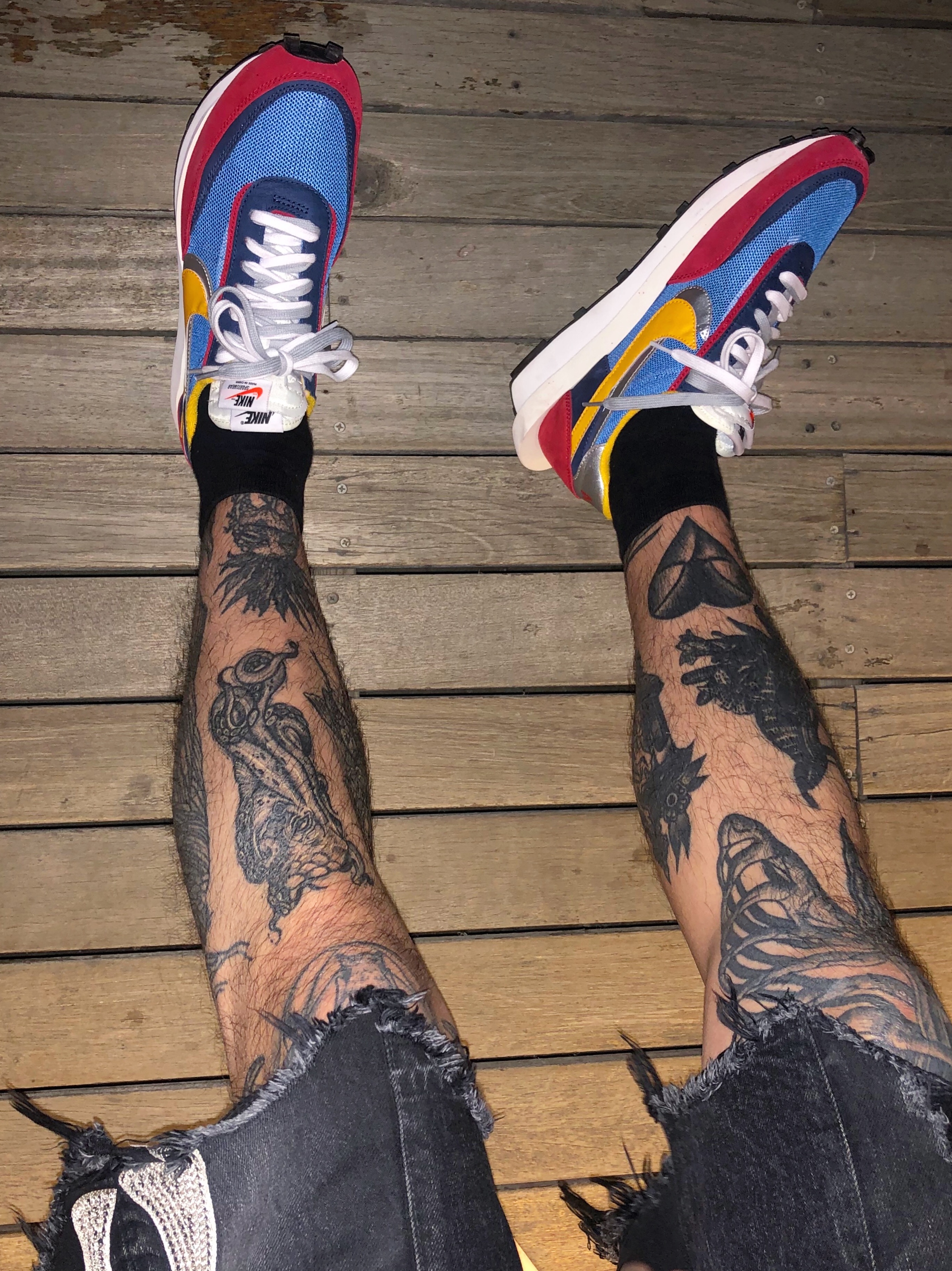 Nike x Sacai LDWaffle Blue Multi, Kapital 14 oz. Denim 5P Bone Embroidery Short Pants Black 착용 스타일 - 1