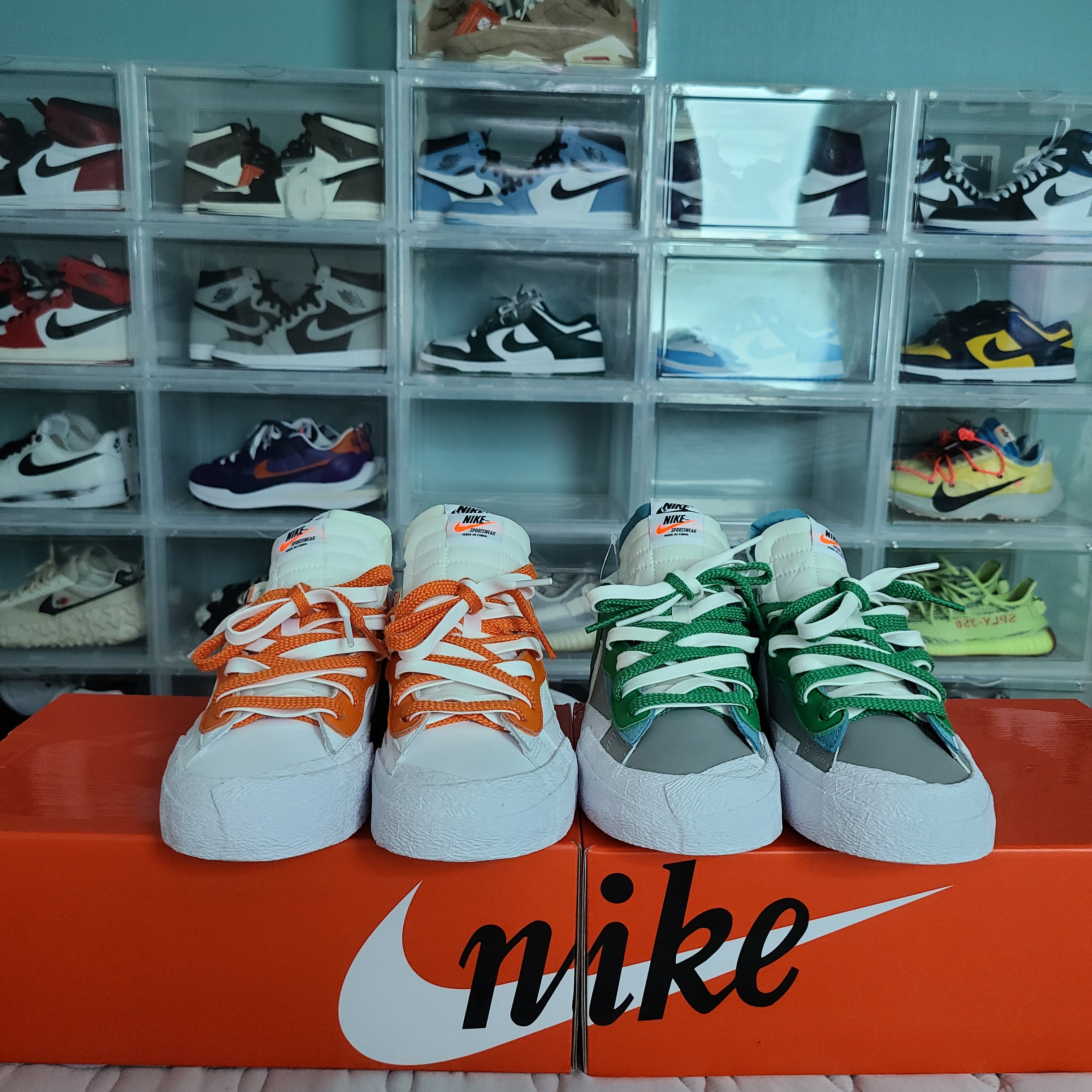 Nike x Sacai Blazer Low Magma Orange, Nike x Sacai Blazer Low Classic Green 착용 스타일