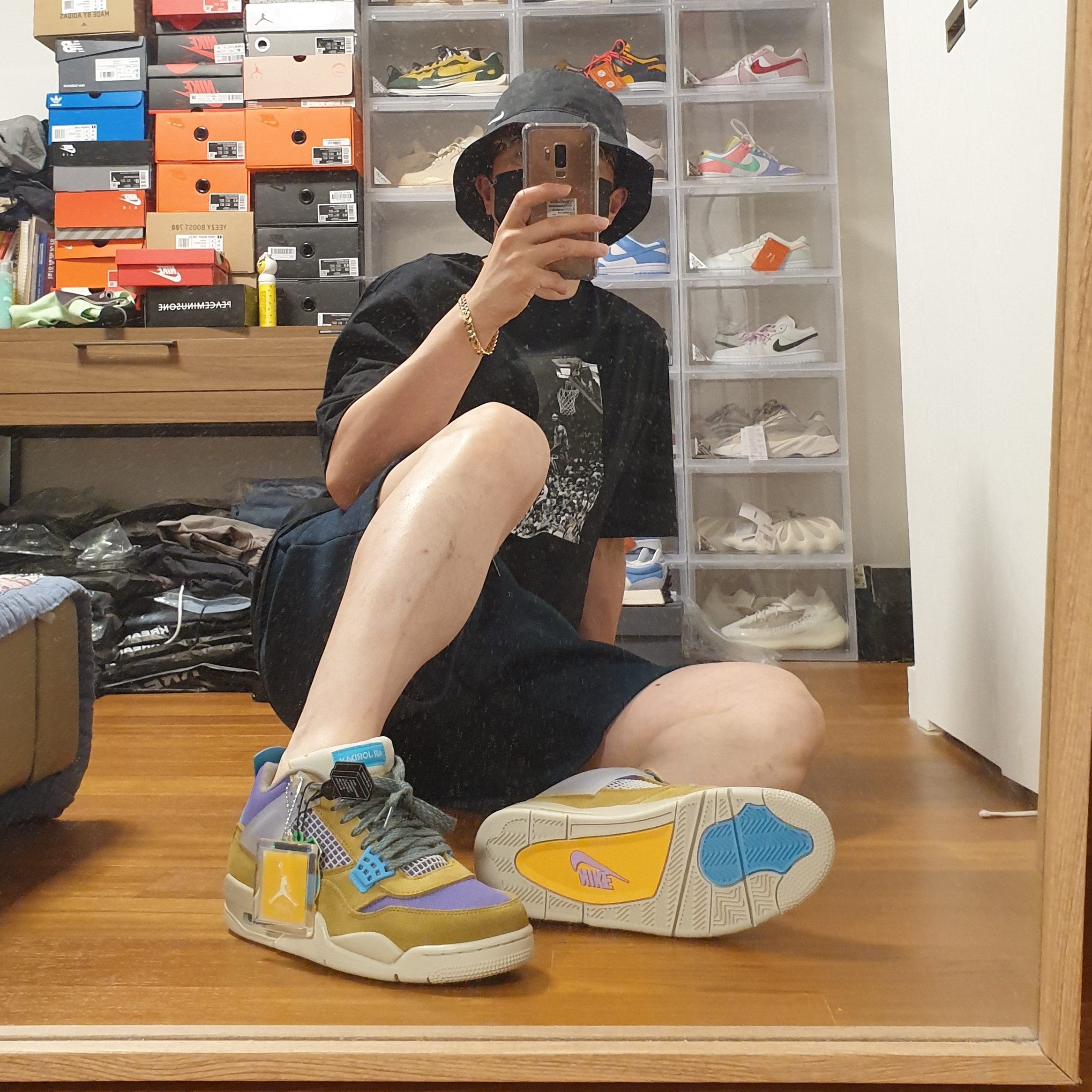 Jordan 4 x Union Retro SP Desert Moss, Jordan x Union Leisure Shorts Navy 착용 스타일 - 4