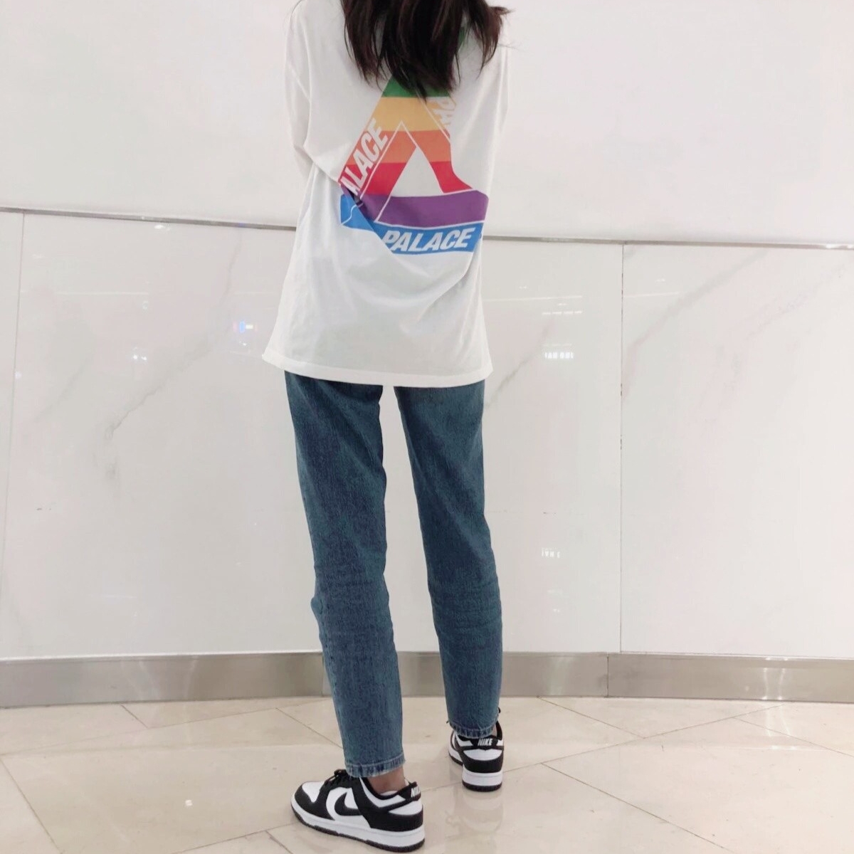 (W) Nike Dunk Low Black, Palace Jobsworth T-Shirt White - 19SS 착용 스타일 - 1