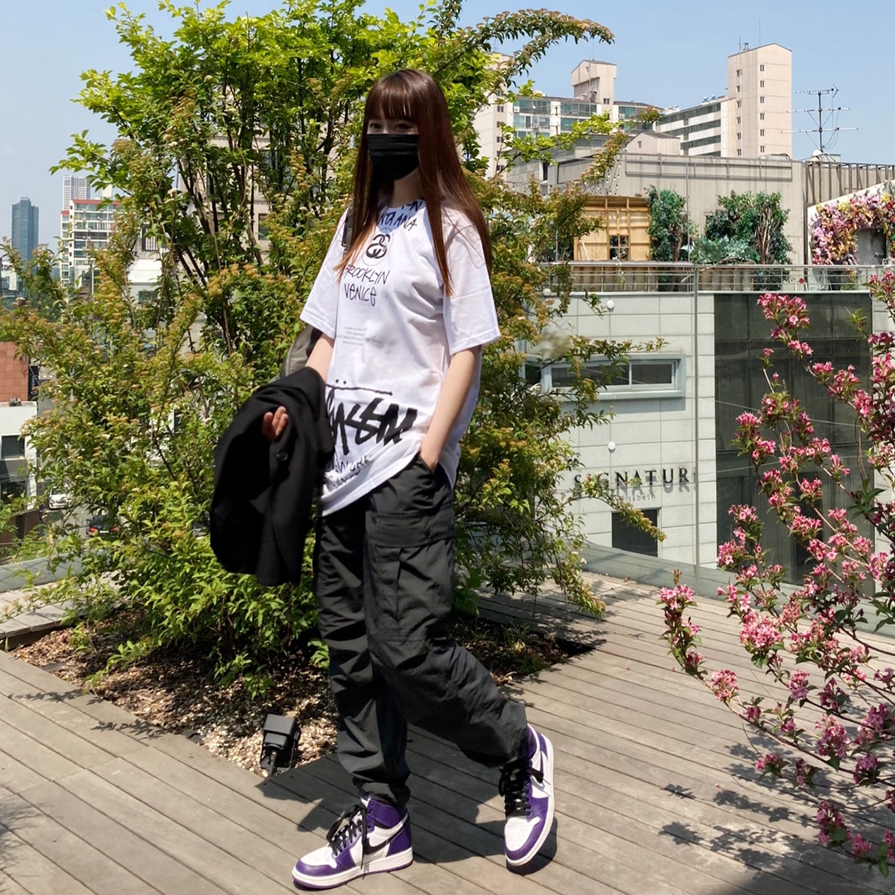 Stussy x Takahiromiyashita The Soloist 40 WT T-Shirt, Jordan 1 Retro High OG Court Purple 2020 착용 스타일