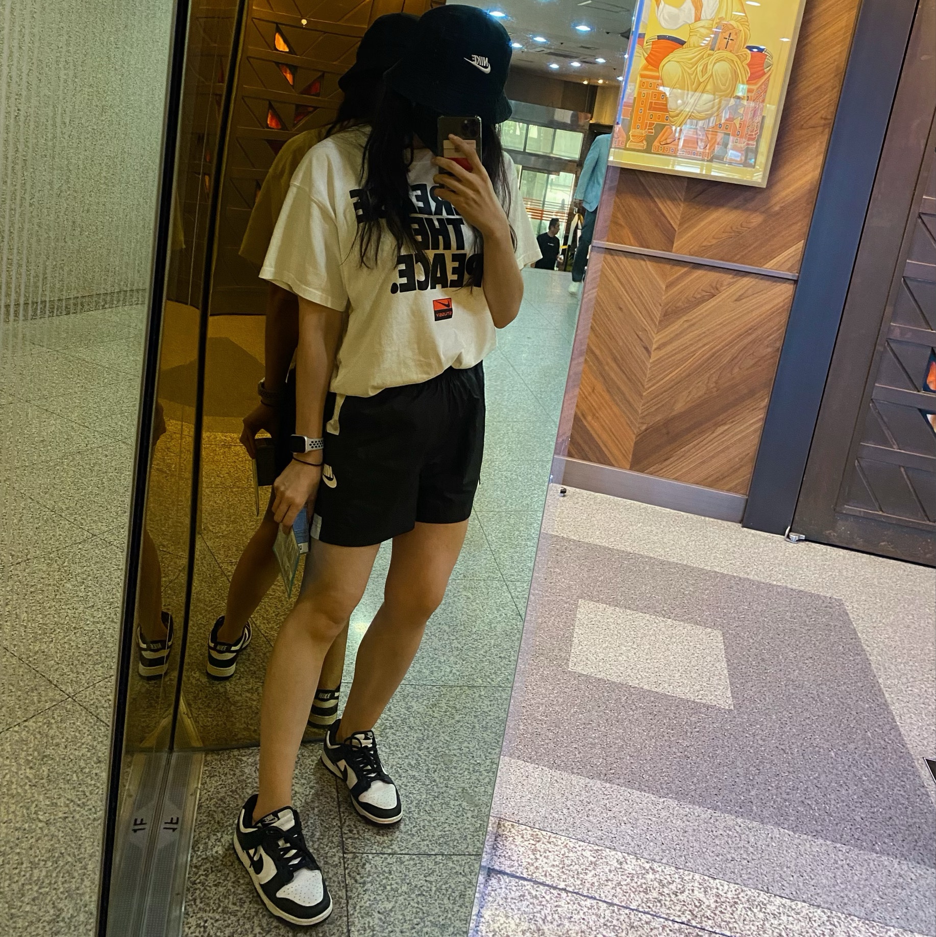 (W) Nike Dunk Low Black, Nike Futura Washed Bucket Hat Black 착용 스타일