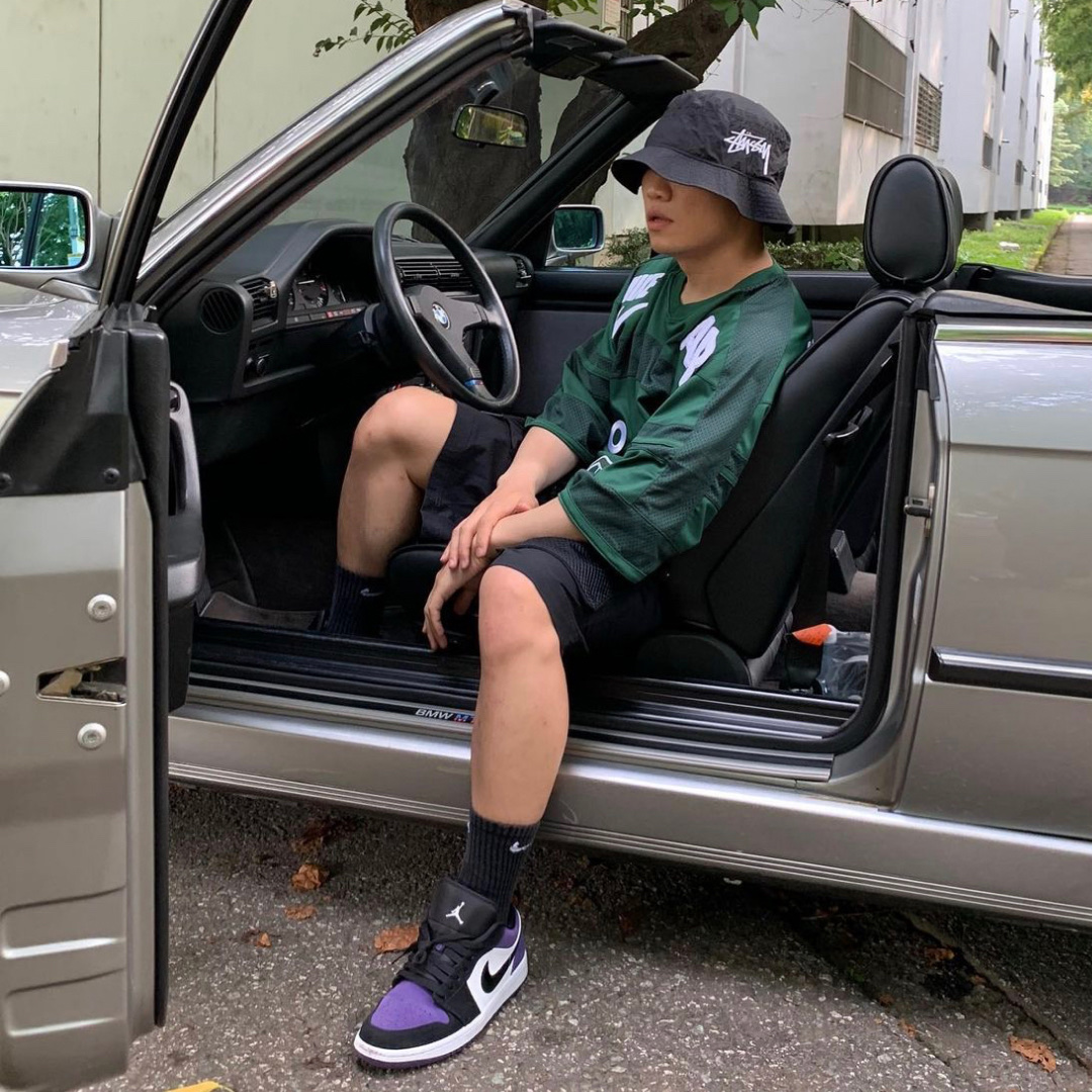 Jordan 1 Low Court Purple, Nike x Stussy Bucket Hat Black 착용 스타일 - 2