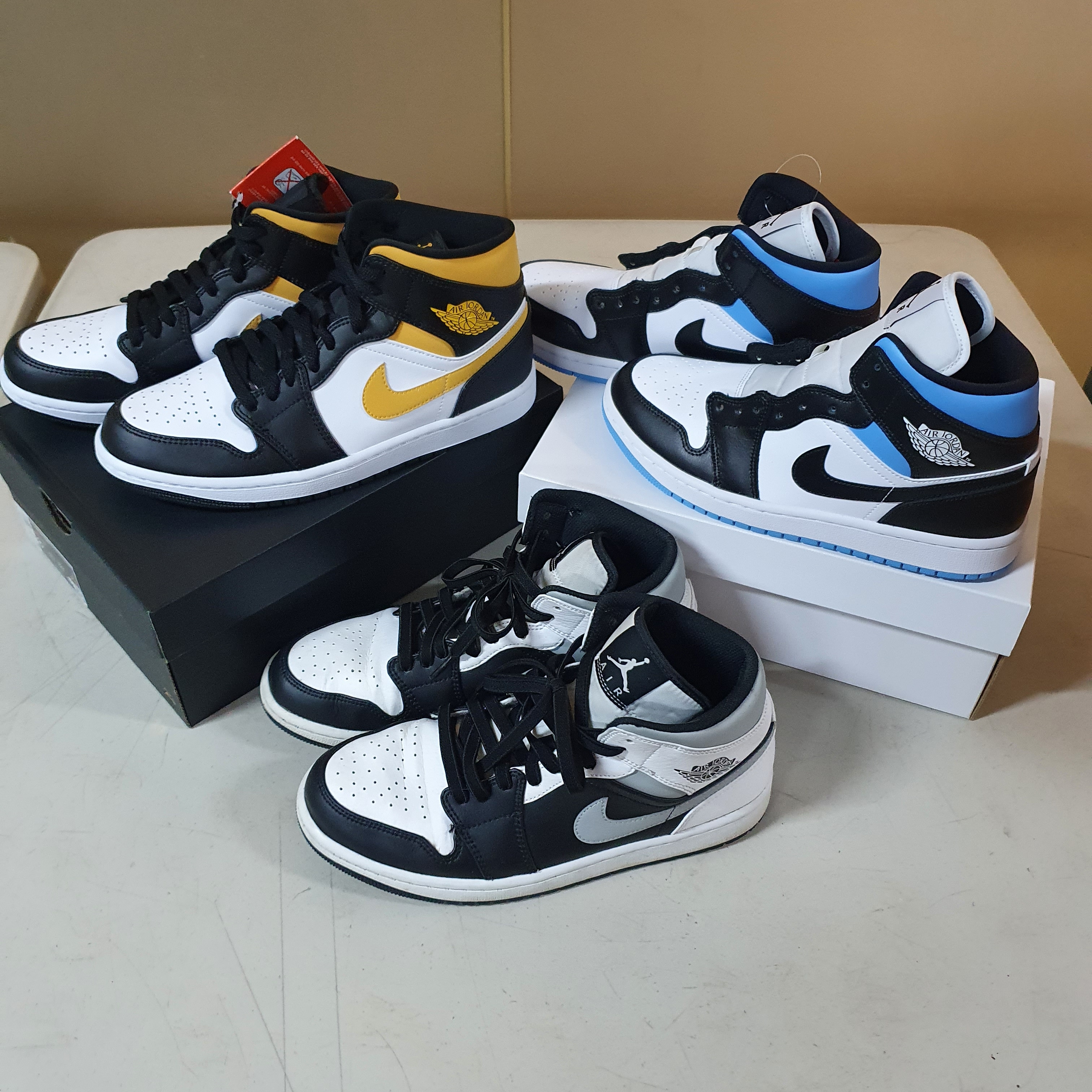 Jordan 1 Mid Pollen, (W) Jordan 1 Mid White Black University Blue 착용 스타일