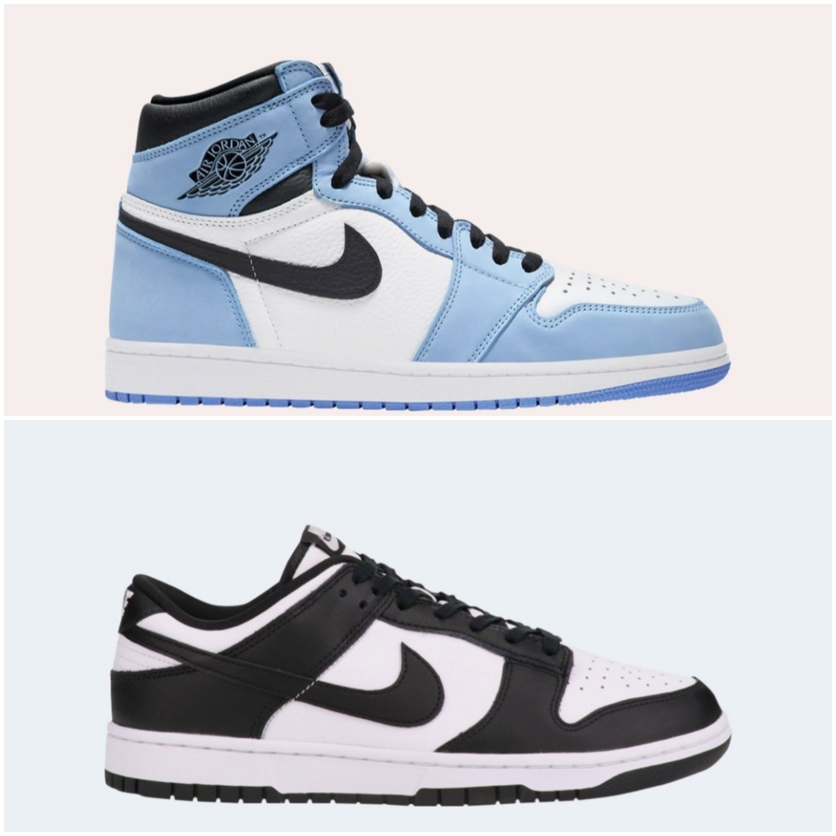 Nike Dunk Low Retro Black, Jordan 1 Retro High OG University Blue 착용 스타일
