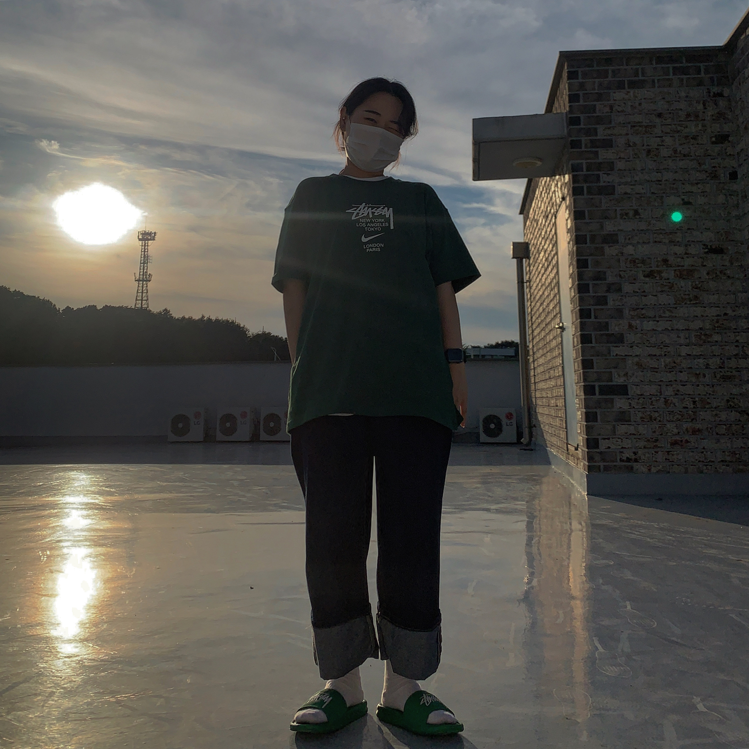 Nike x Stussy WT T-Shirt Green - Asia, Nike x Stussy Benassi Slide Pine Green 착용 스타일