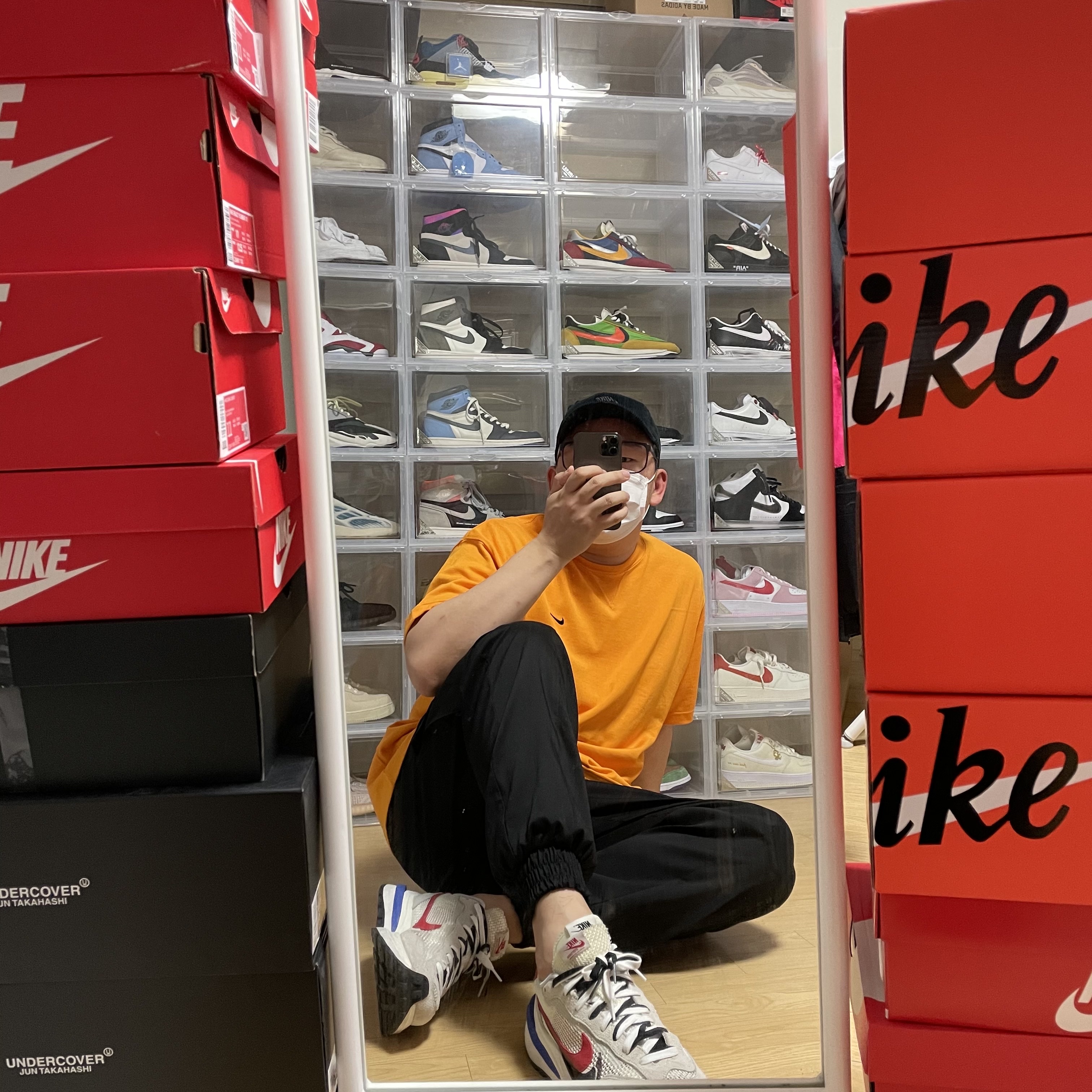 Nike x Sacai VaporWaffle Royal Fuchsia, Nike x Kim Jones Oversized T-Shirt Circuit Orange - US/EU 착용 스타일 - 1