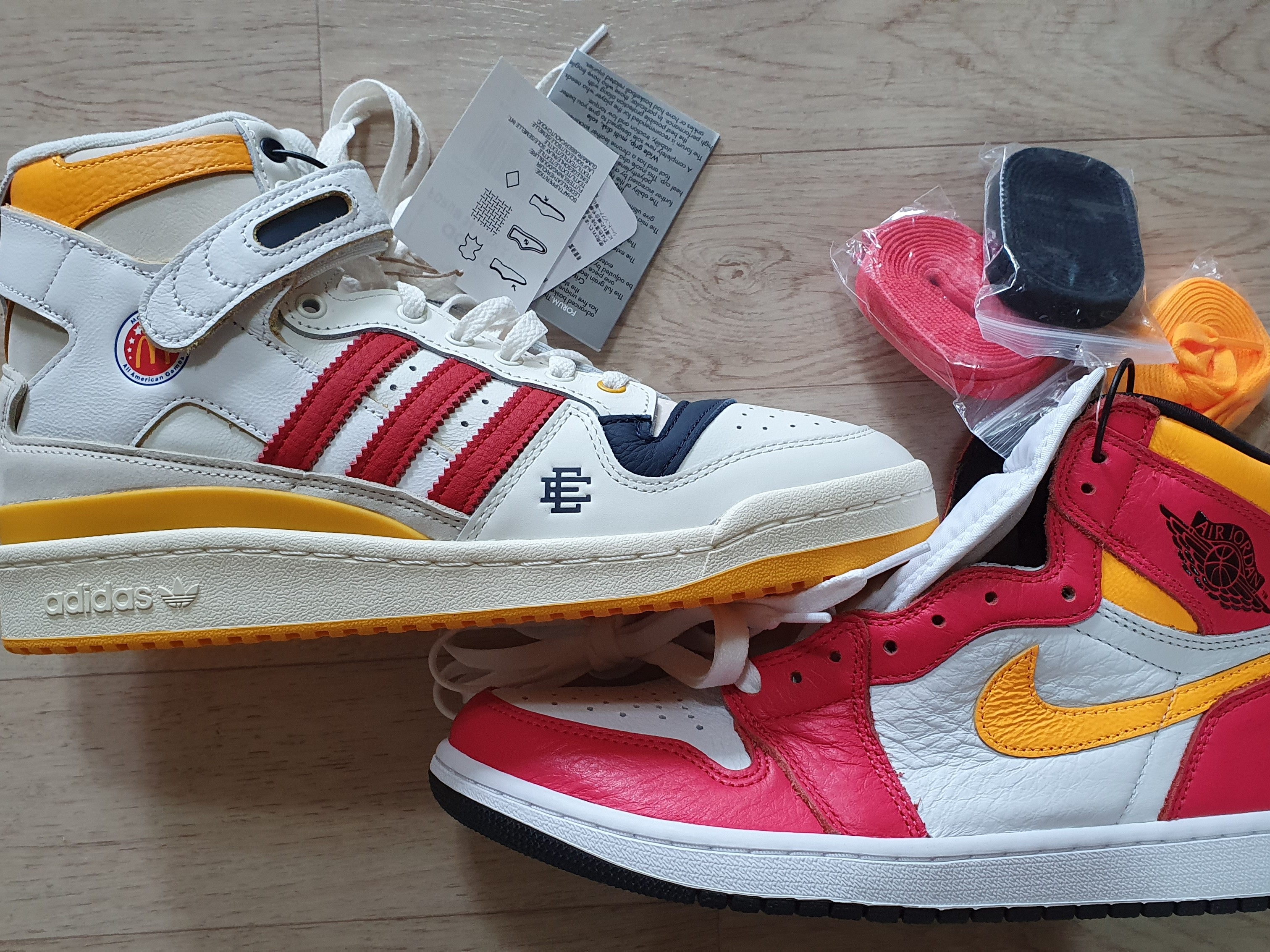 Jordan 1 Retro High OG Light Fusion Red, Adidas x Eric Emanuel Forum 84 High McDonald's All American 착용 스타일