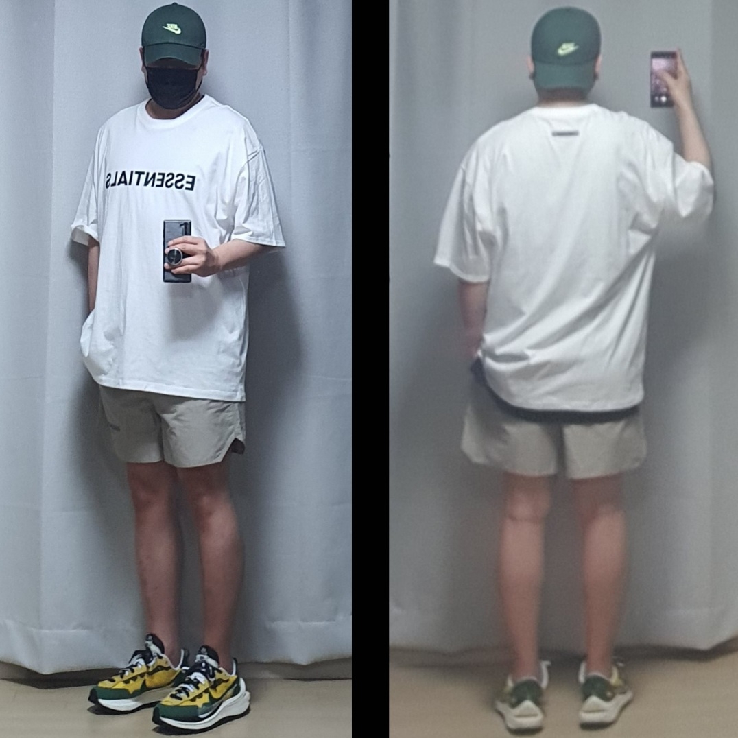 Essentials 3D Silicon Applique Boxy T-Shirt White - 20SS, Essentials Volley Shorts Moss - 20SS 착용 스타일 - 1