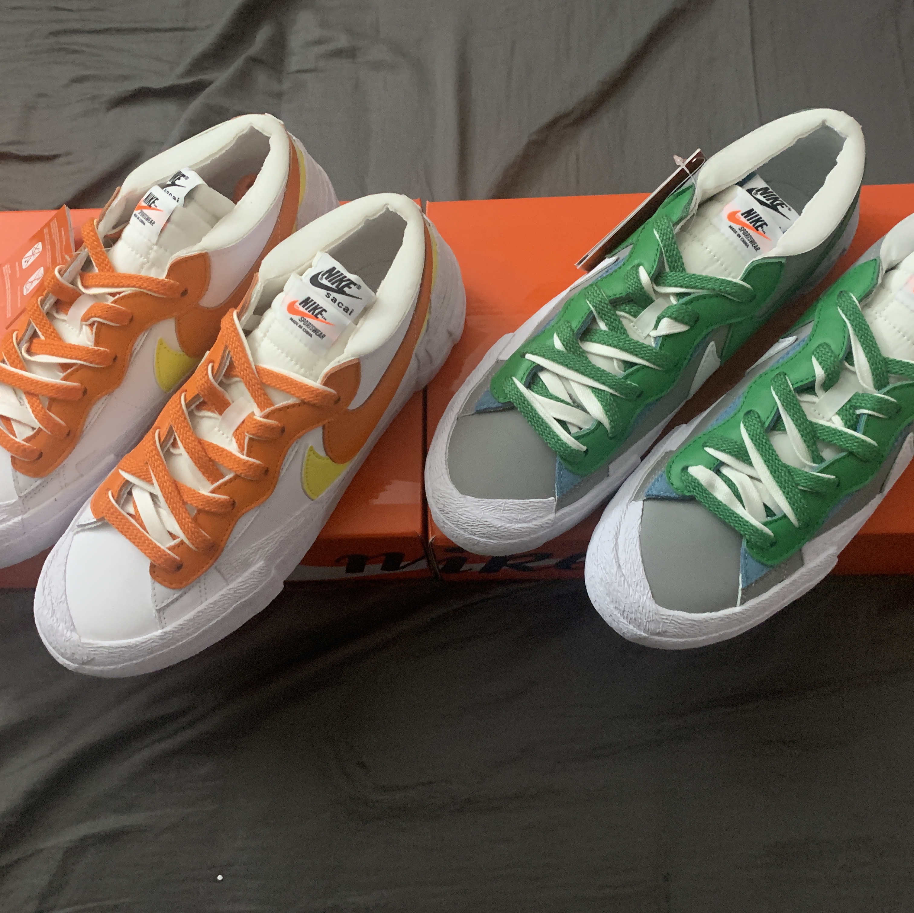 Nike x Sacai Blazer Low Classic Green, Nike x Sacai Blazer Low Magma Orange 착용 스타일