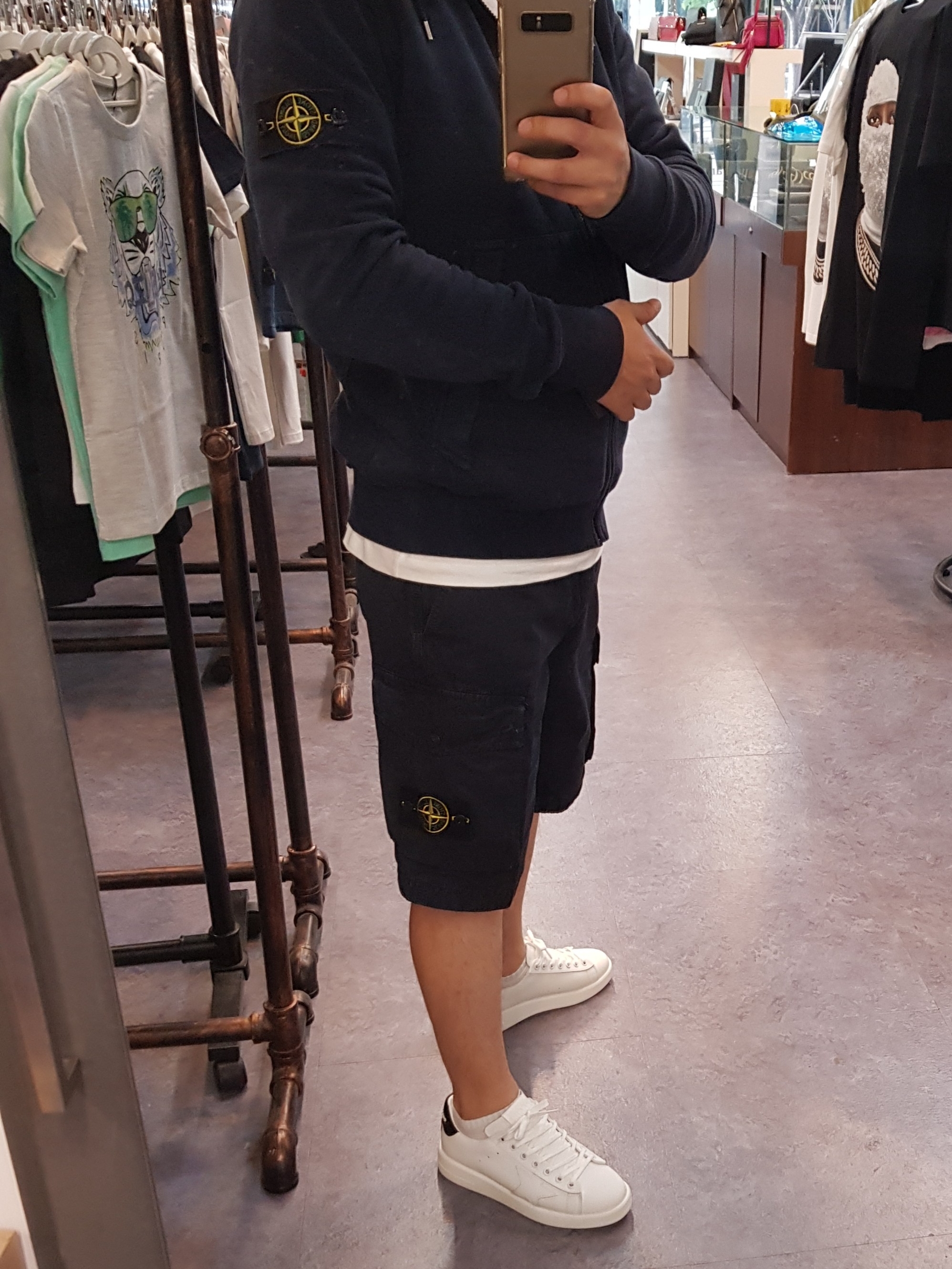 Stone Island 61420 Full Zip Hooded Sweatshirt Black - 20FW, Stone Island L07WA T.CO+OLD Bermuda Shorts Black - 21SS 착용 스타일