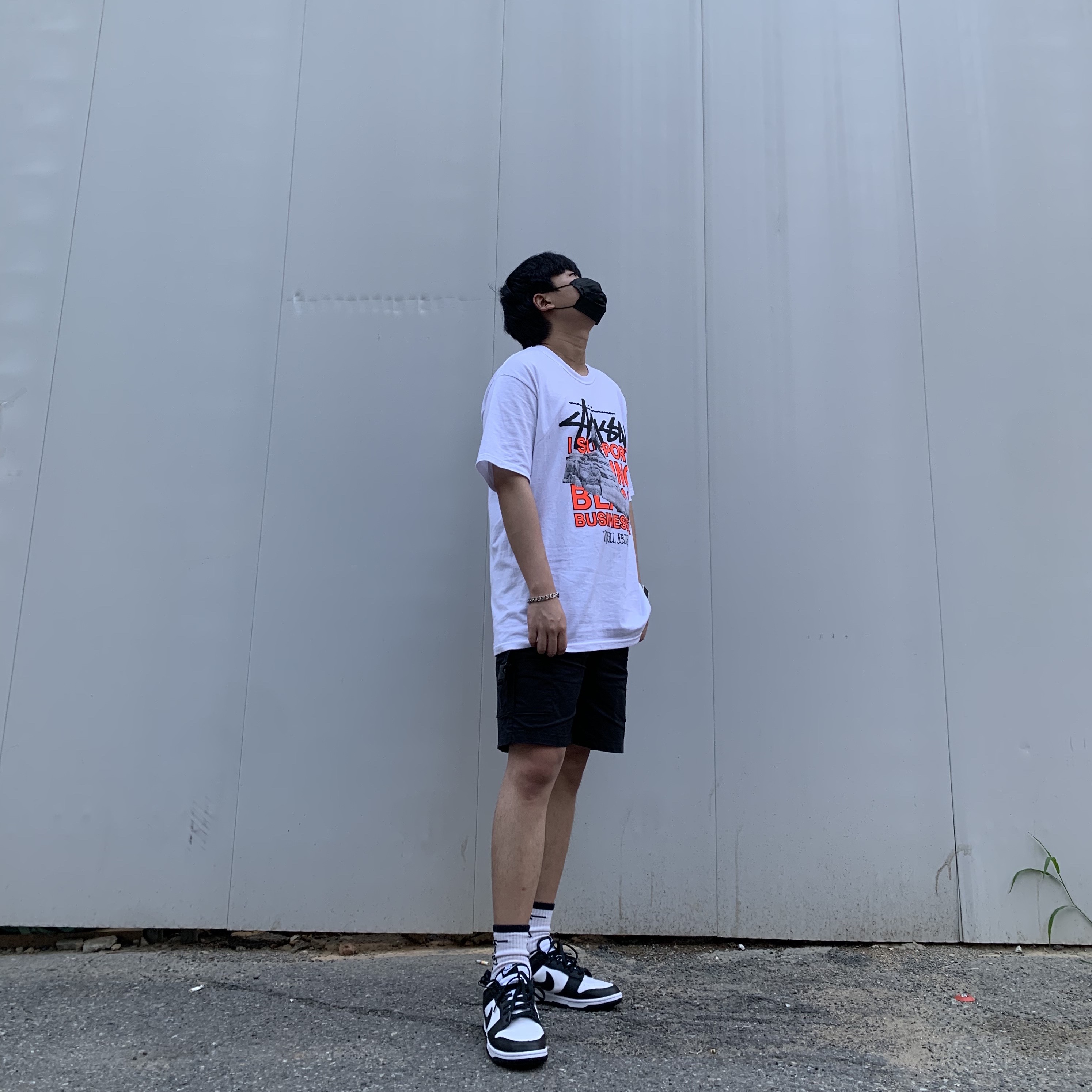 Nike Dunk Low Retro Black, Stussy x Off-White 40 WT T-Shirt 착용 스타일