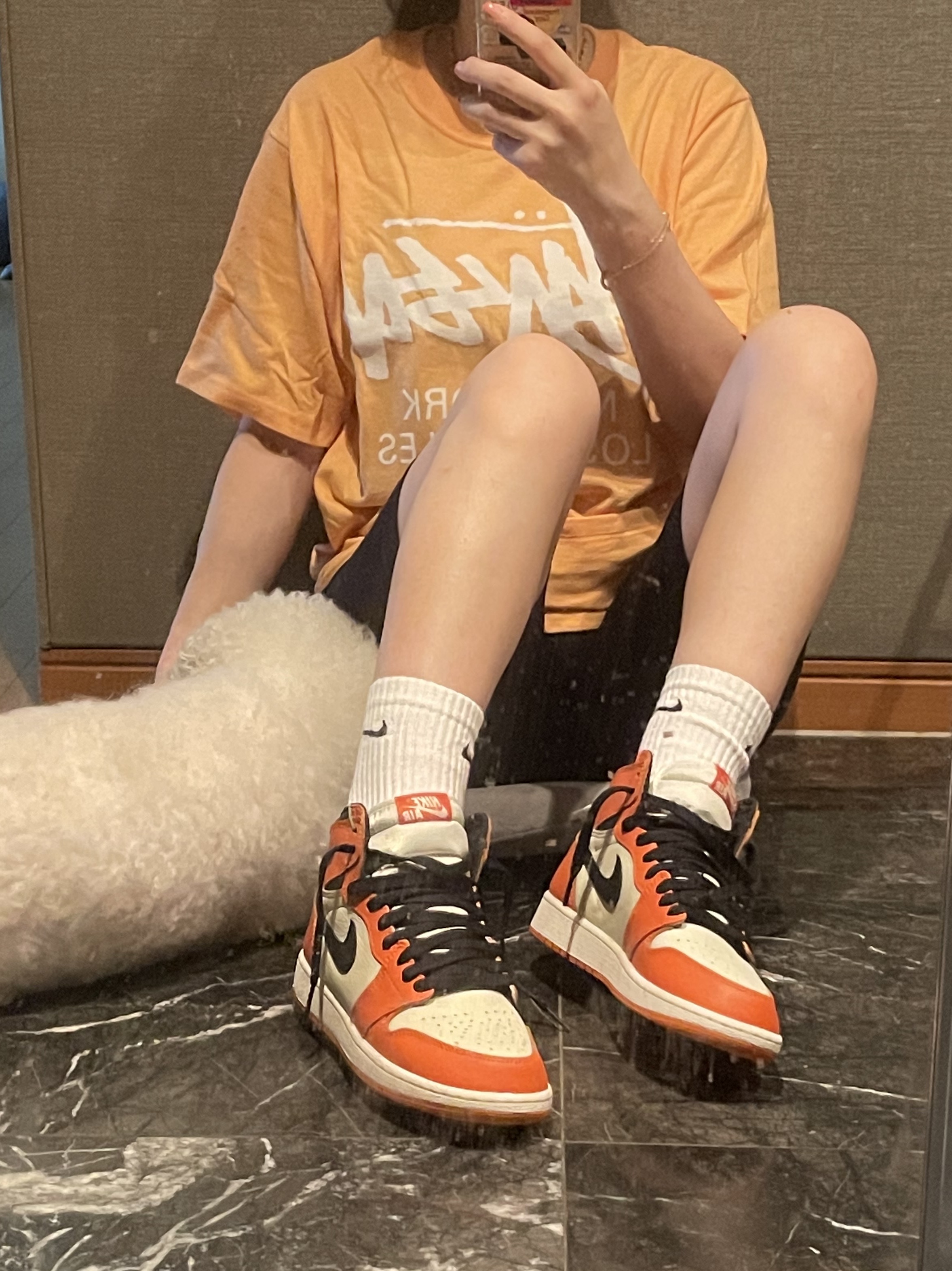 Stussy World Tour T-Shirt Peach 2021, (GS) Jordan 1 Retro High OG Reverse Shattered Backboard 착용 스타일 - 2