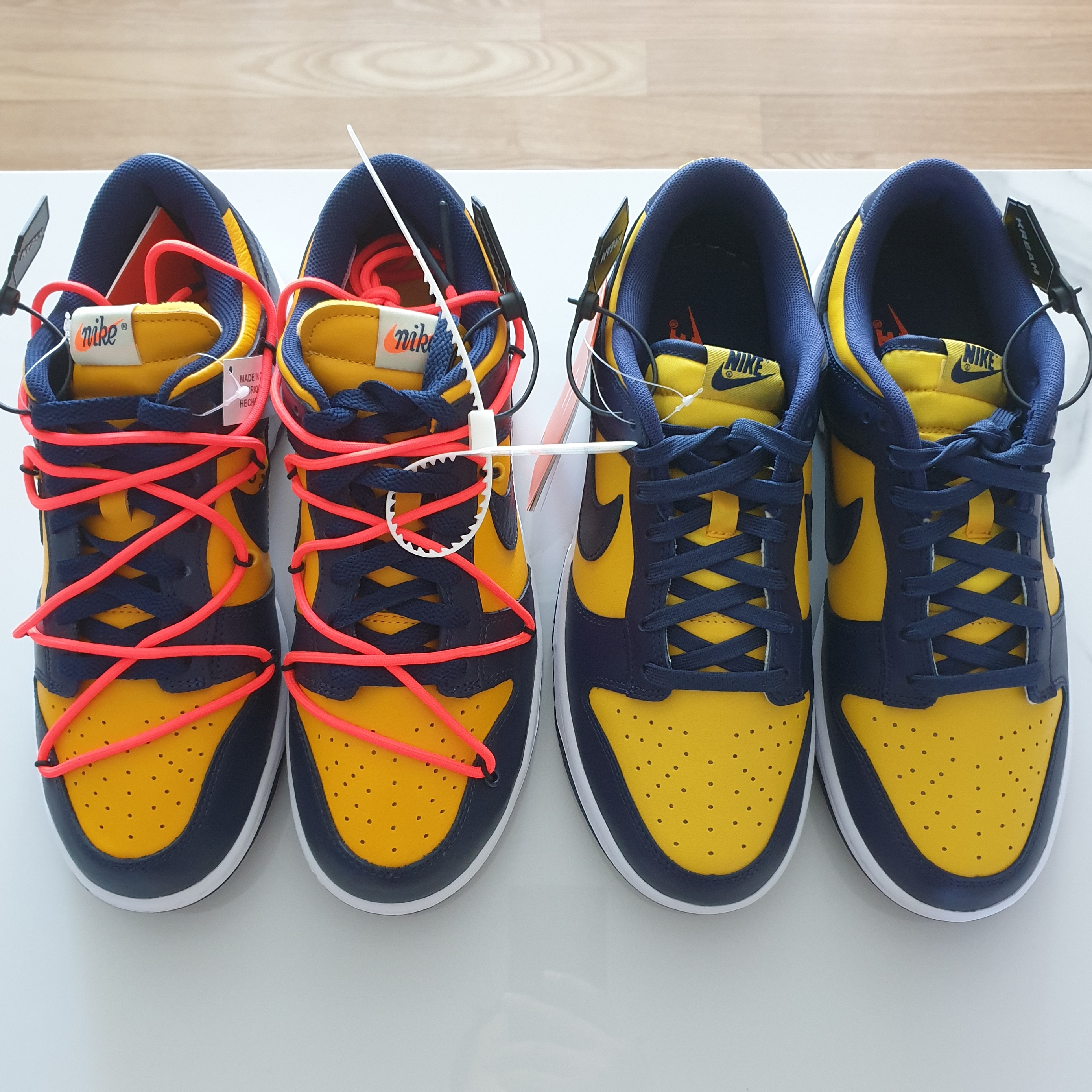 Nike x Off-White Dunk Low University Gold Midnight Navy, Nike Dunk Low Retro Varsity Maize 착용 스타일