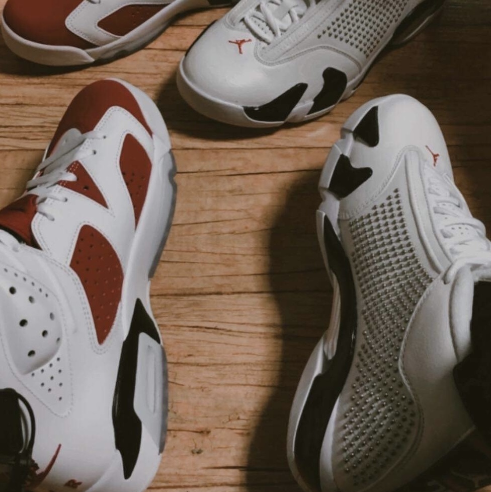 Jordan 6 Retro Carmine 2021, Jordan 14 x Supreme Retro White 착용 스타일