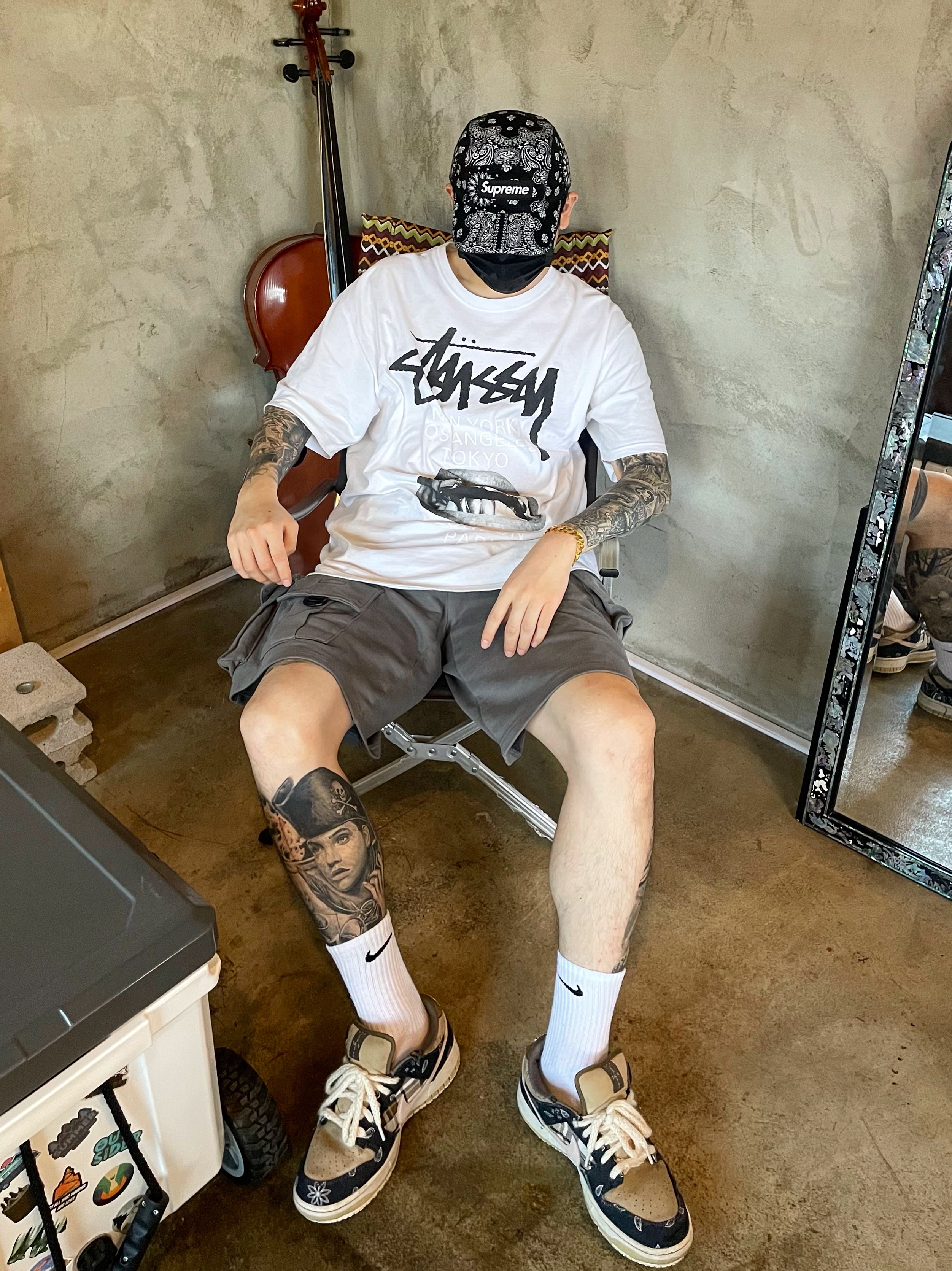 Stussy x Rick Owens 40 WT T-Shirt, Supreme Bandana Camp Cap Black - 21SS 착용 스타일