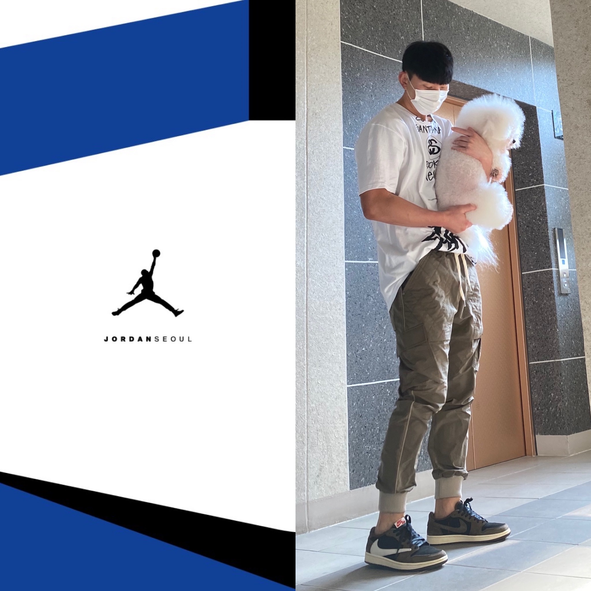 Jordan 1 x Travis Scott Retro Low OG SP Mocha, Stussy x Takahiromiyashita The Soloist 40 WT T-Shirt 착용 스타일