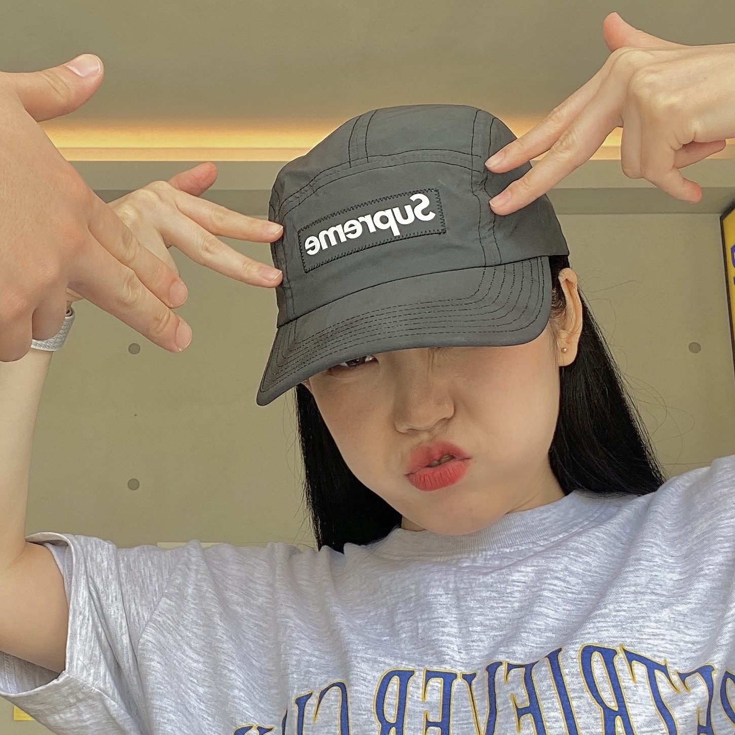Supreme Reflective Dyed Camp Cap Black - 21SS 착용 스타일