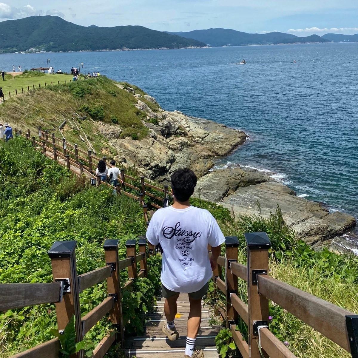 Stussy World Tour T-Shirt White, Adidas Yeezy Boost 350 V2 Earth 착용 스타일