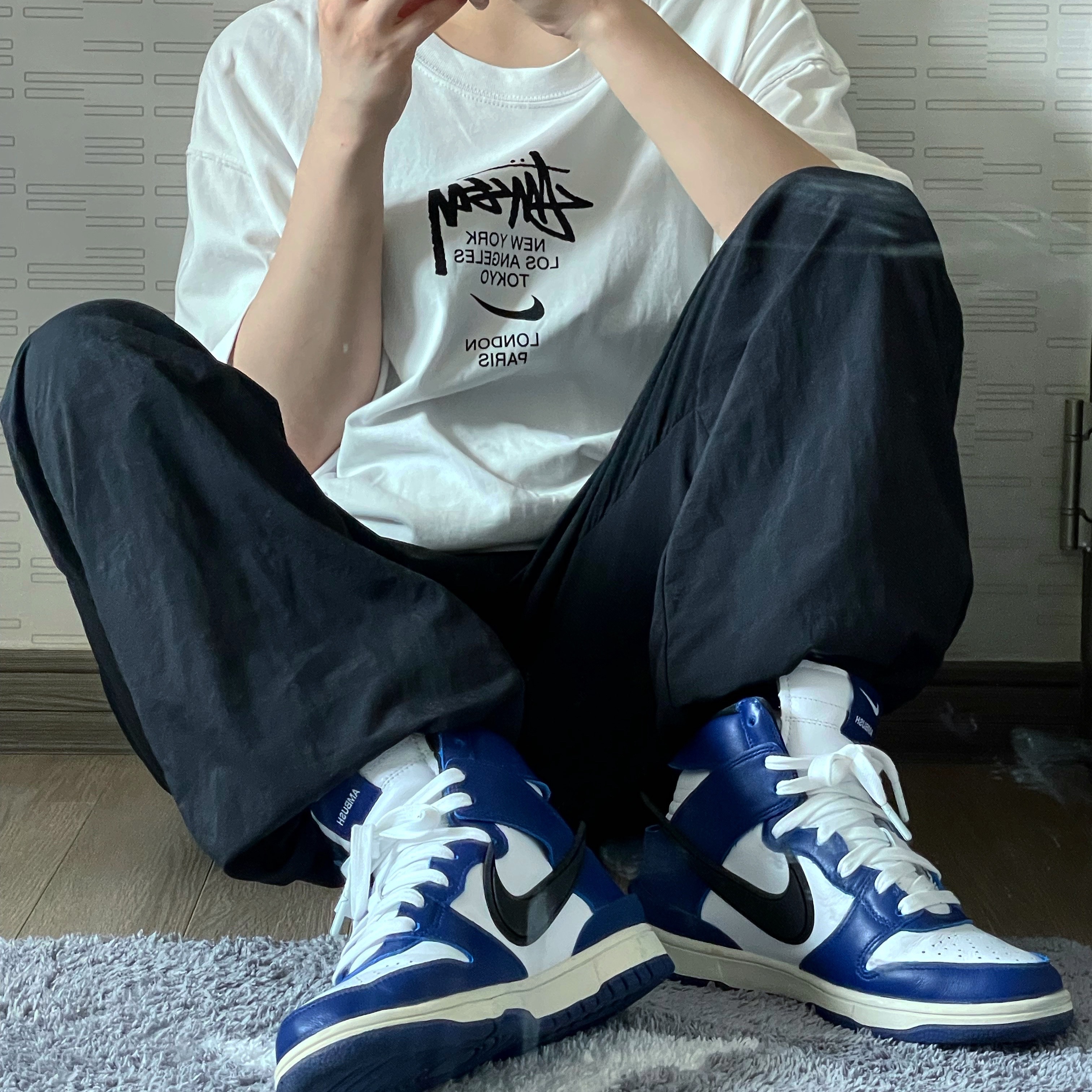 Nike x Stussy WT T-Shirt White - Asia, Nike x Ambush Dunk High Deep Royal Blue 착용 스타일