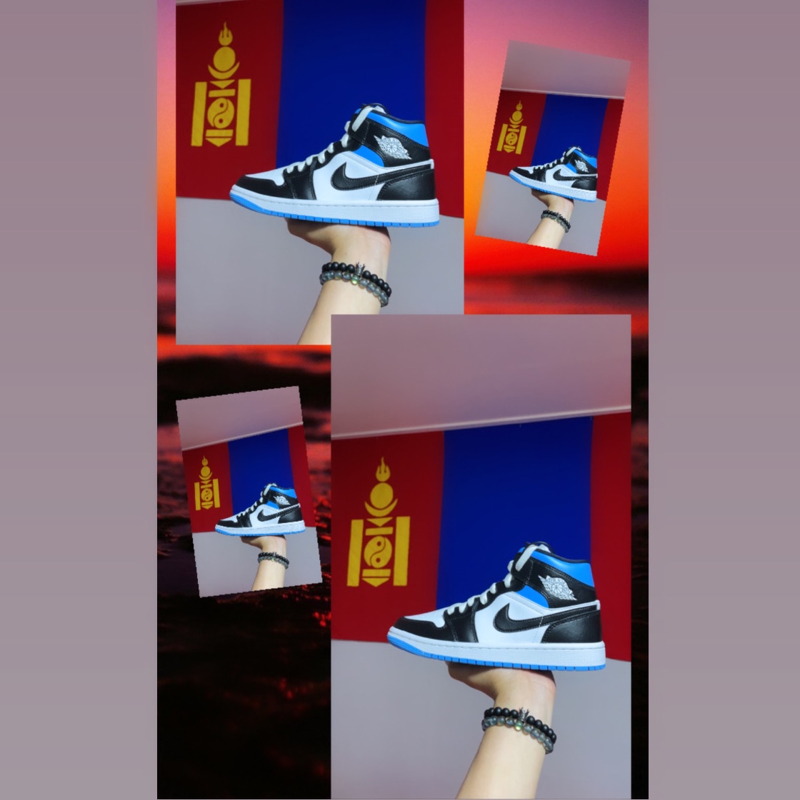 (W) Jordan 1 Mid White Black University Blue 착용 스타일 - 1
