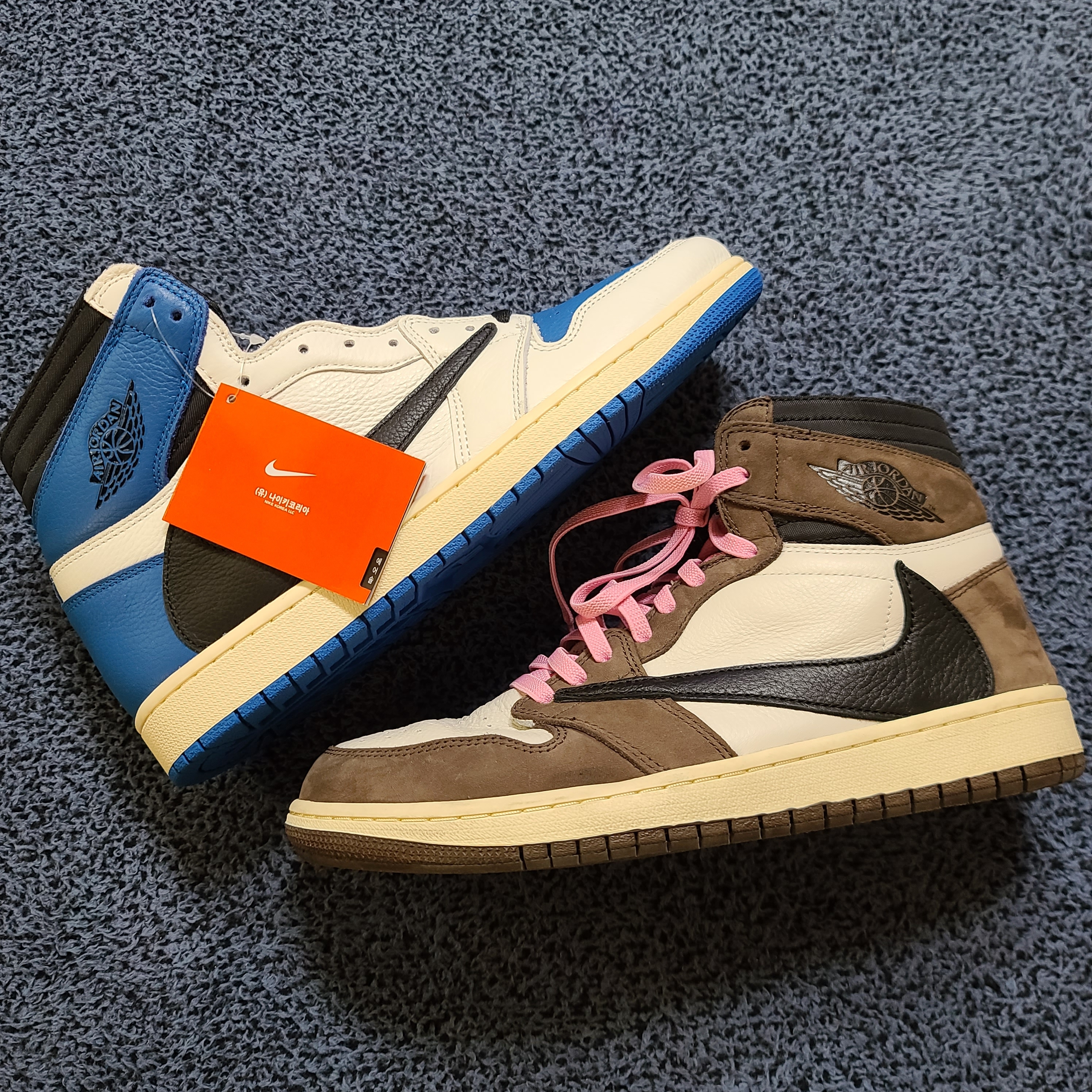 Jordan 1 x Travis Scott x Fragment Retro High OG SP Military Blue, Jordan 1 x Travis Scott Retro High OG SP Mocha 착용 스타일 - 2