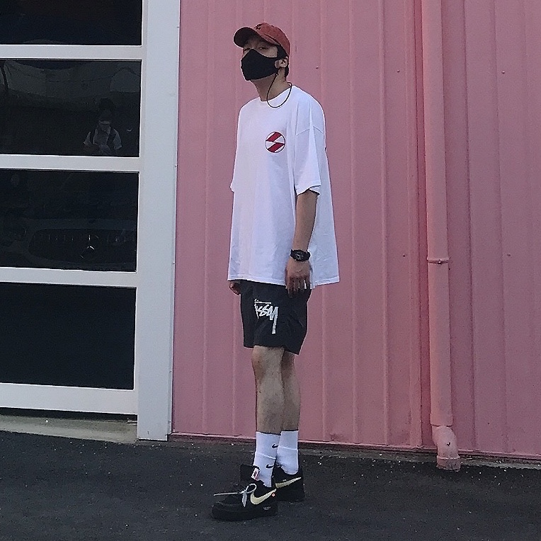 Nike x Off-White Air Force 1 Low Black White, Nike x Stussy Water Shorts Off Noir 착용 스타일