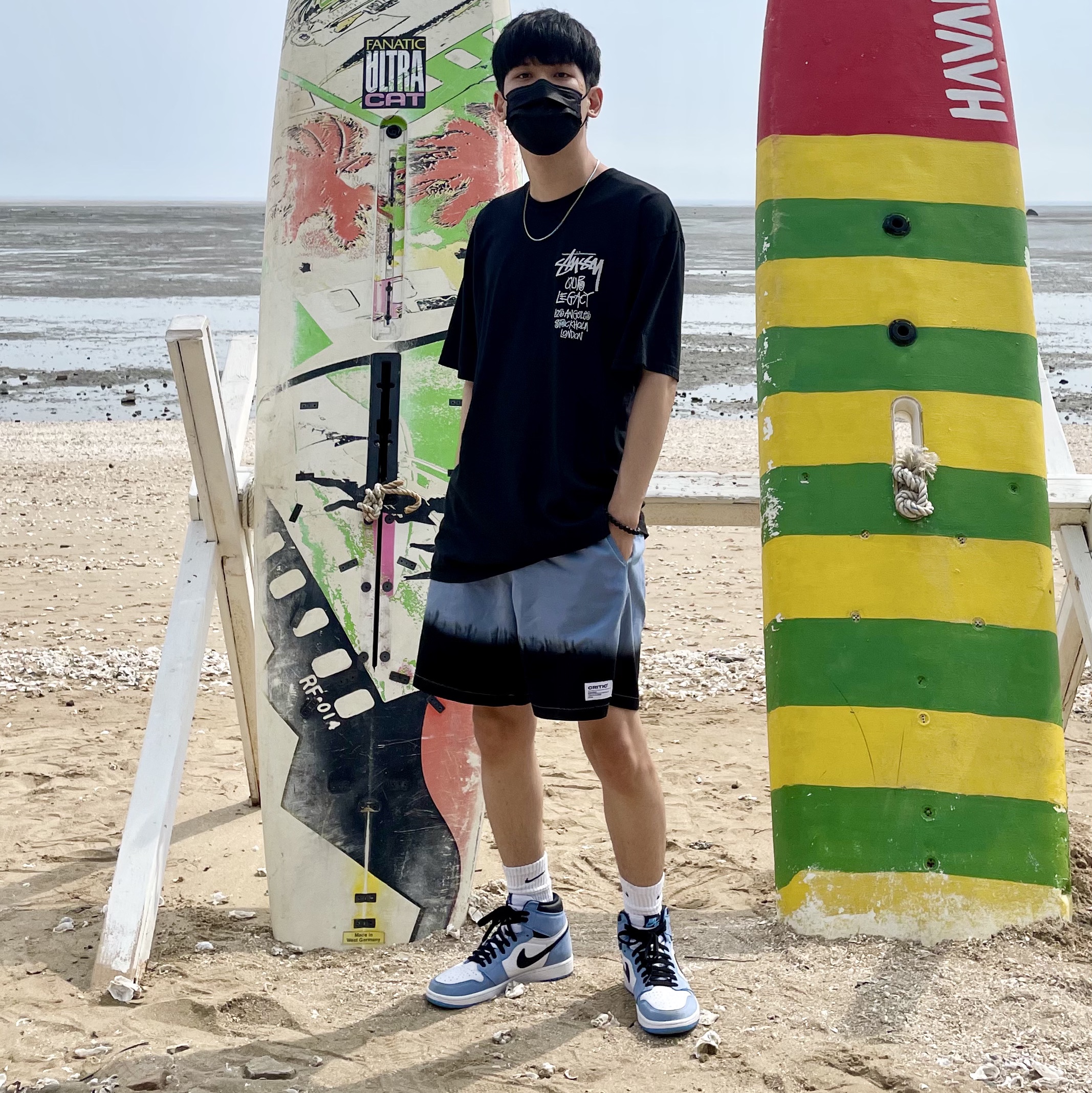 Stussy x Our Legacy Surfman T-Shirt Black - 21SS, Jordan 1 Retro High OG University Blue 착용 스타일