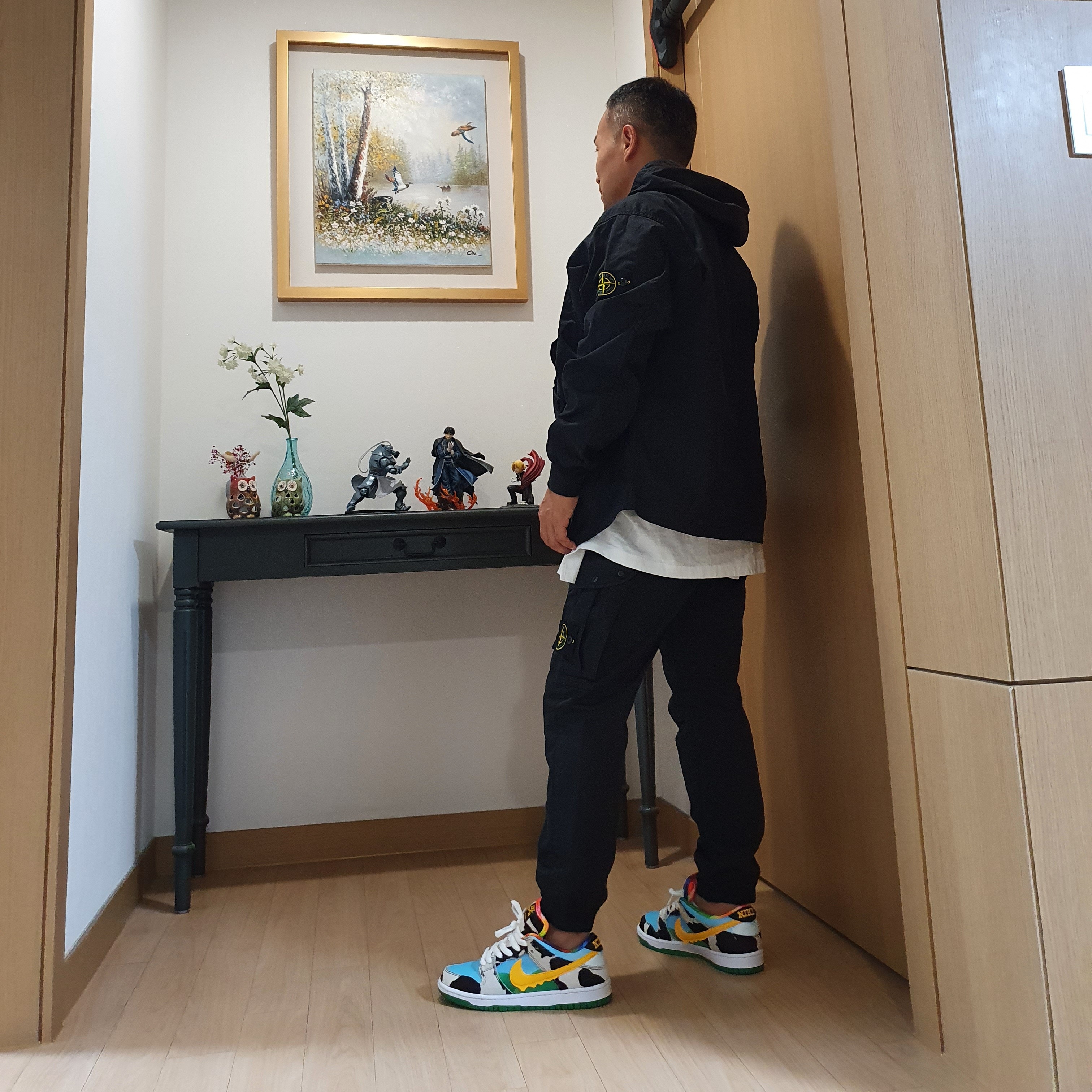 Nike x Ben & Jerry's SB Dunk Low Chunky Dunky, Stone Island 64551 Cotton Fleece Cargo Pants Black - 21SS 착용 스타일