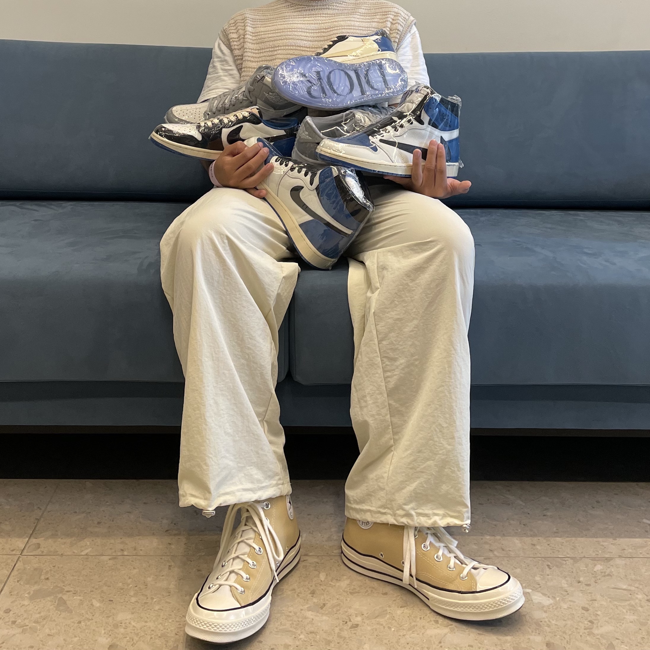 Jordan 1 x Travis Scott x Fragment Retro High OG SP Military Blue, Jordan 1 x Travis Scott x Fragment Retro Low OG SP Military Blue 착용 스타일