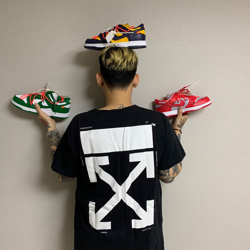 Nike x Off-White Dunk Low University Gold Midnight Navy, Nike x Off-White Dunk Low Pine Green 착용 스타일