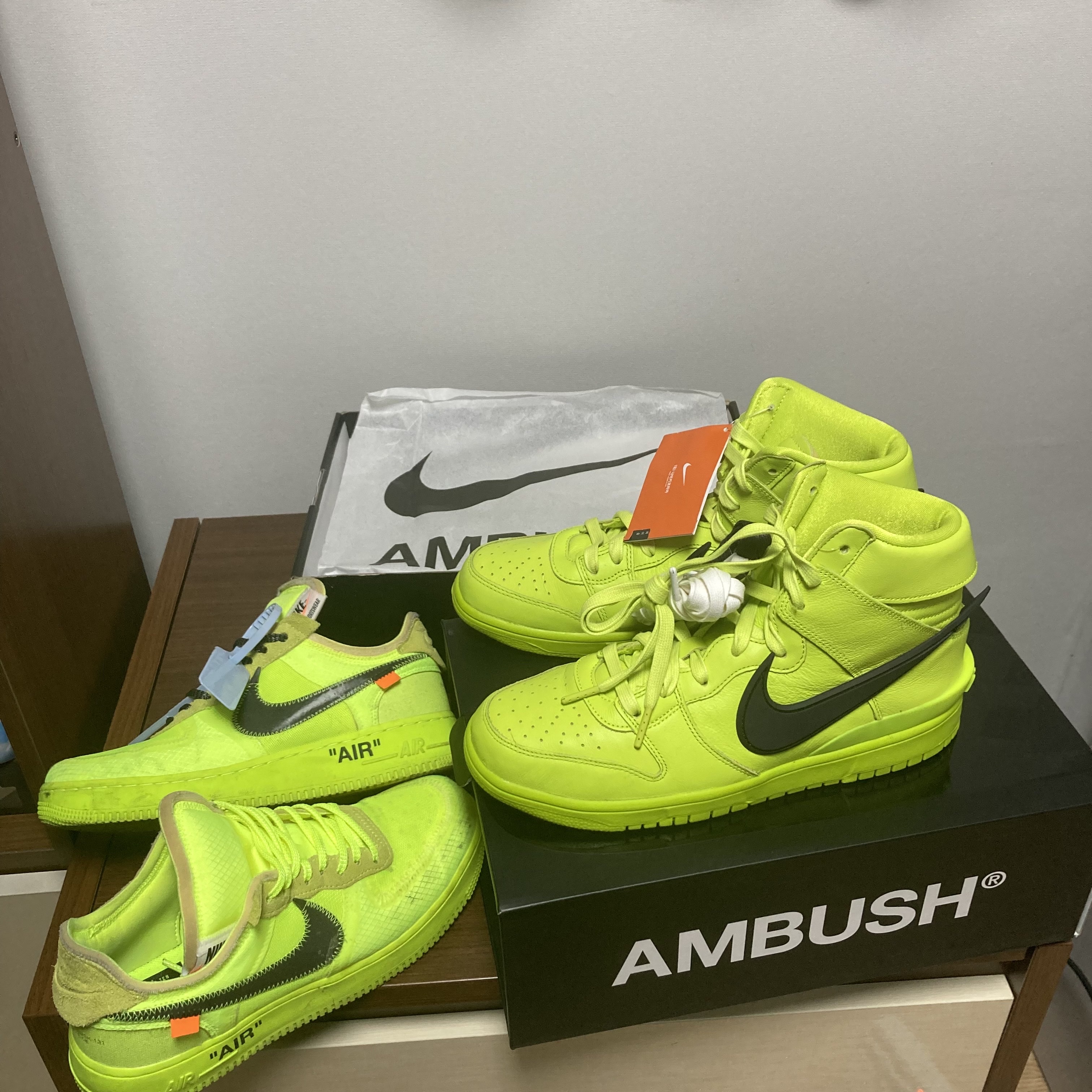 Nike x Ambush Dunk High Flash Lime, Nike x Off-White Air Force 1 Low Volt 착용 스타일