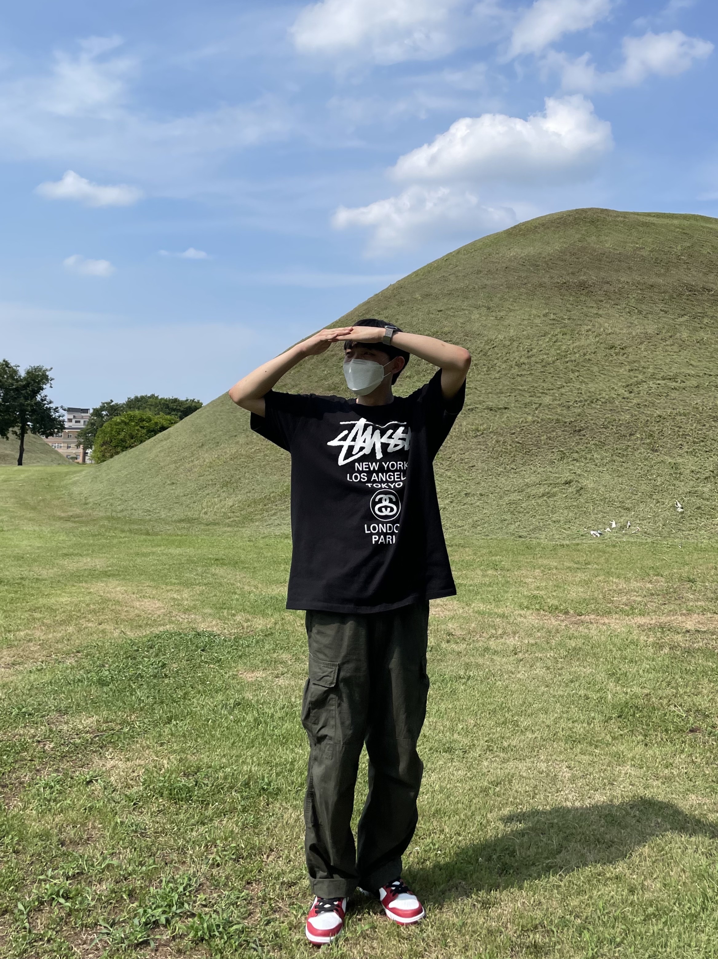 Nike SB Dunk Low Pro Chicago, Stussy World Tour T-Shirt Black 착용 스타일 - 2