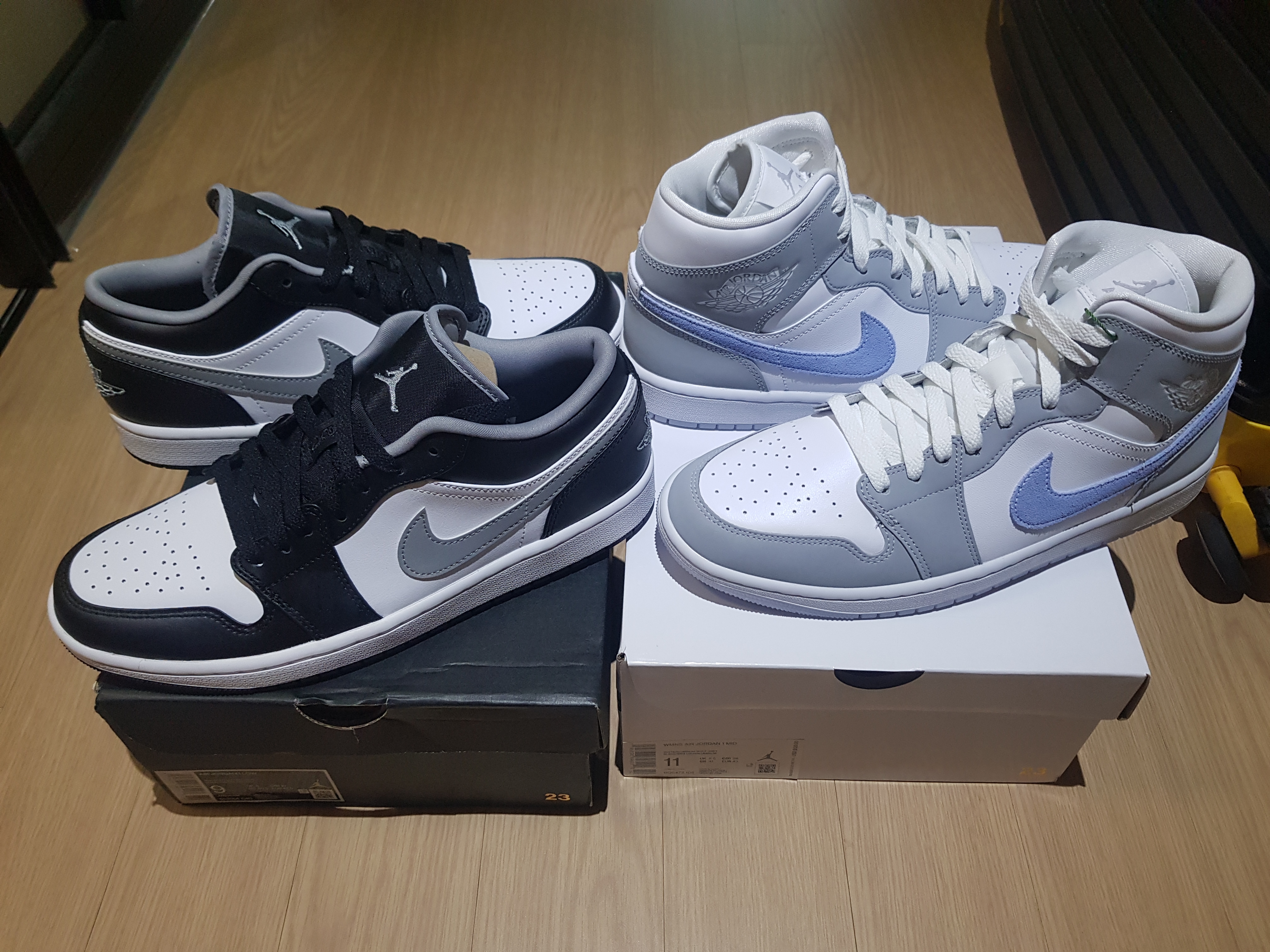 Jordan 1 Low Black Particle Grey, (W) Jordan 1 Mid Wolf Grey 착용 스타일