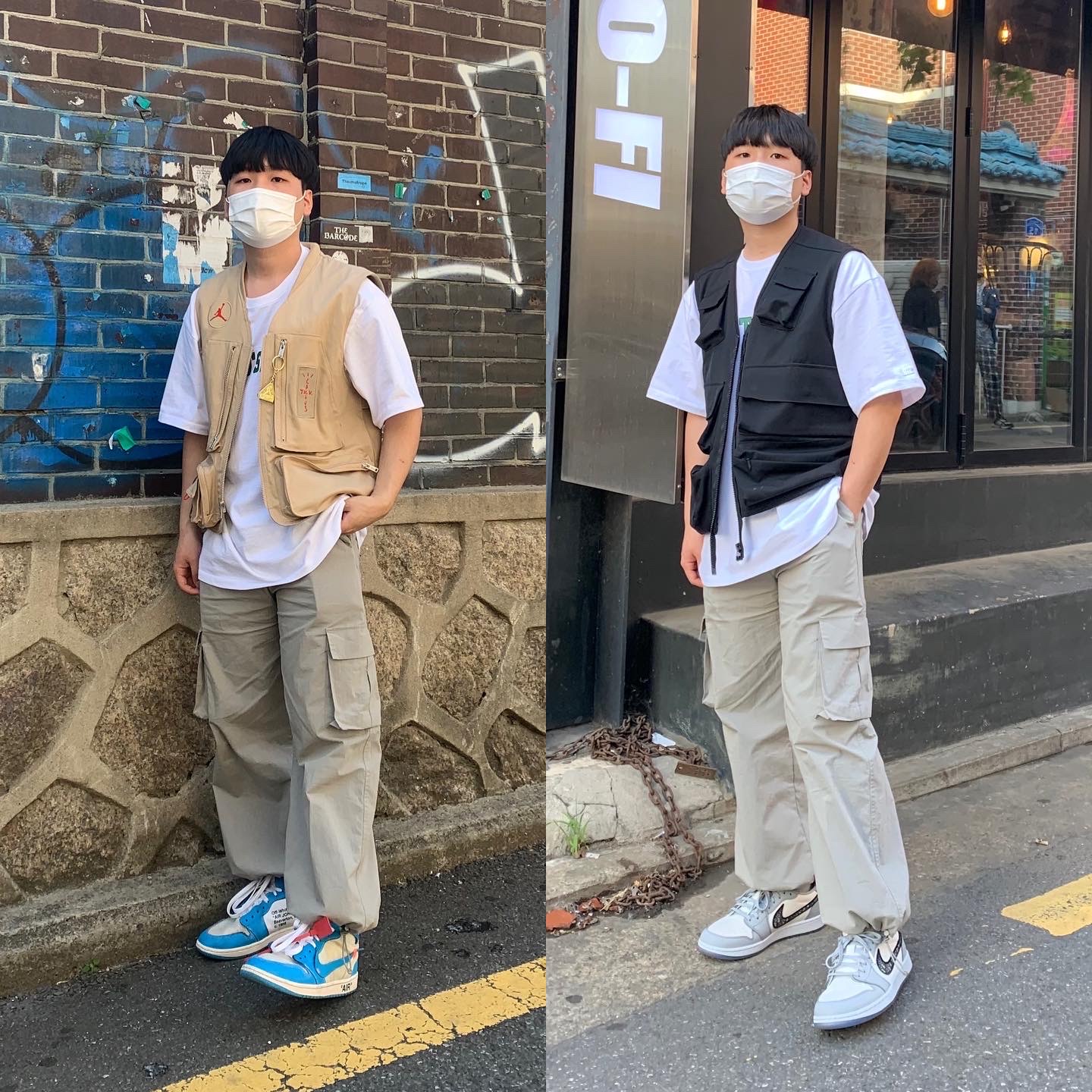 Jordan x Travis Scott Utility Vest - Asia, Jordan 1 x Off-White Retro High University Blue 착용 스타일