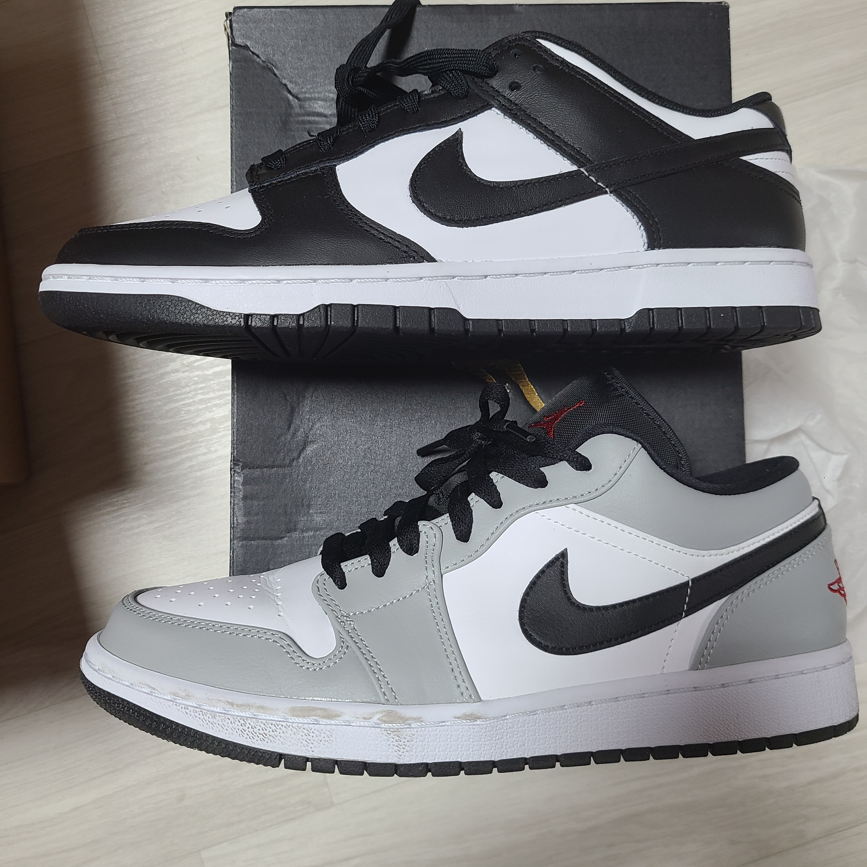 Jordan 1 Low Light Smoke Grey, Nike Dunk Low Retro Black 착용 스타일
