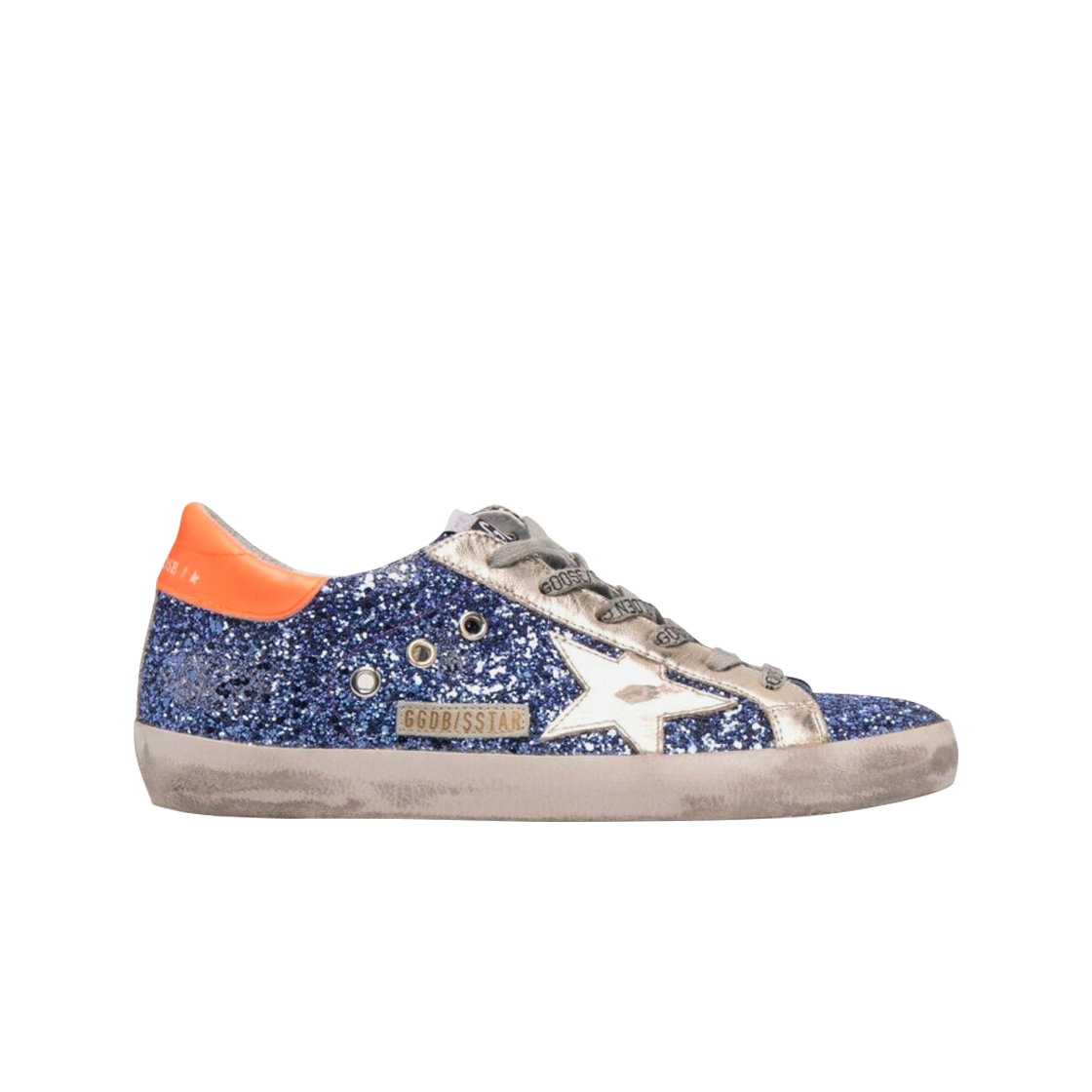 GWF00101-F001006-50583 (W) Golden Goose Superstar Blue Glitter Orange Heel Tab Sneakers