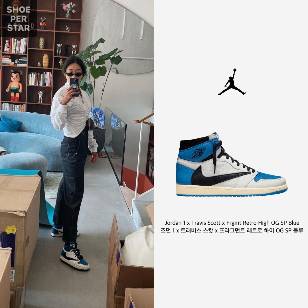 Jordan 1 x Travis Scott x Fragment Retro Low OG SP Military Blue, Jordan 1 x Travis Scott x Fragment Retro High OG SP Military Blue 착용 스타일 - 3
