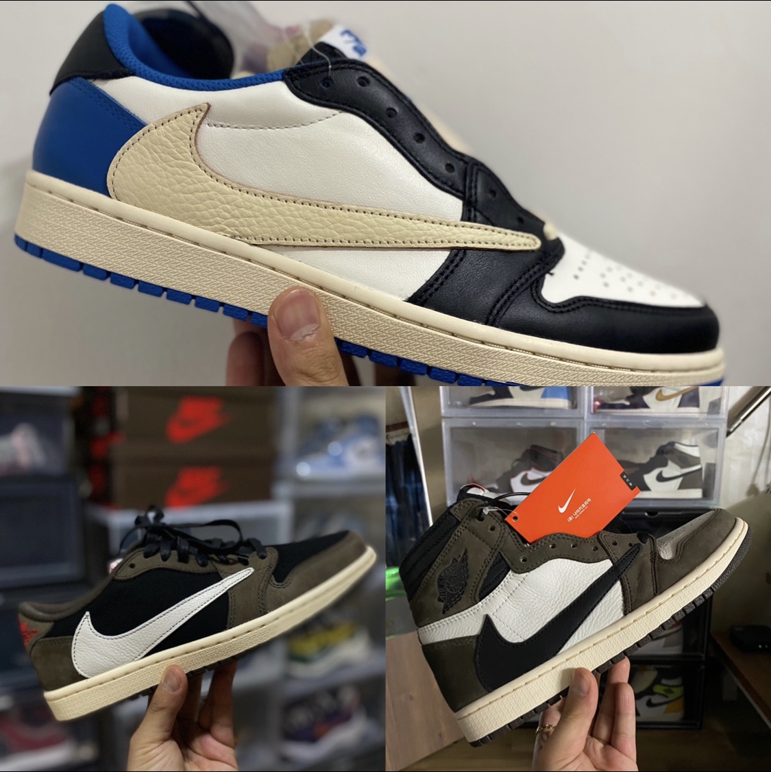 Jordan 1 x Travis Scott x Fragment Retro Low OG SP Military Blue, Jordan 1 x Travis Scott Retro High OG SP Mocha 착용 스타일 - 1