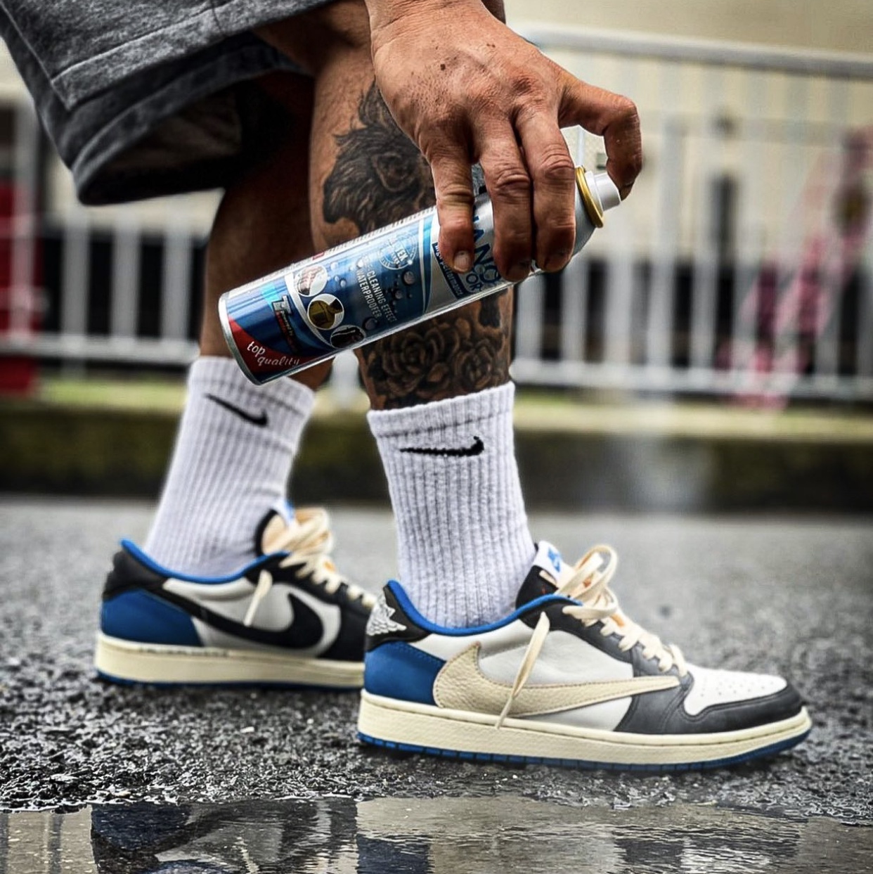 Jordan 1 x Travis Scott x Fragment Retro Low OG SP Military Blue 착용 스타일 - 2