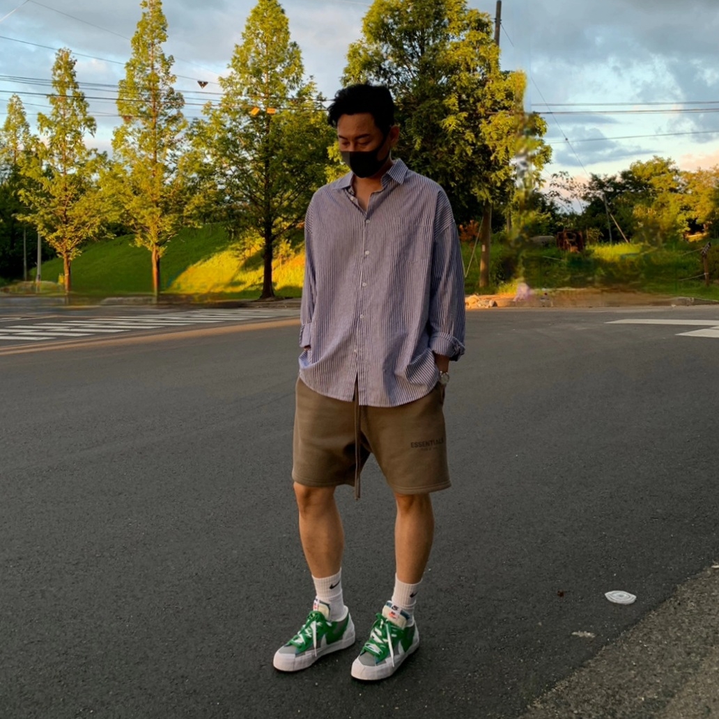 Nike x Sacai Blazer Low Classic Green, Essentials Sweatshorts Taupe - 21SS 착용 스타일