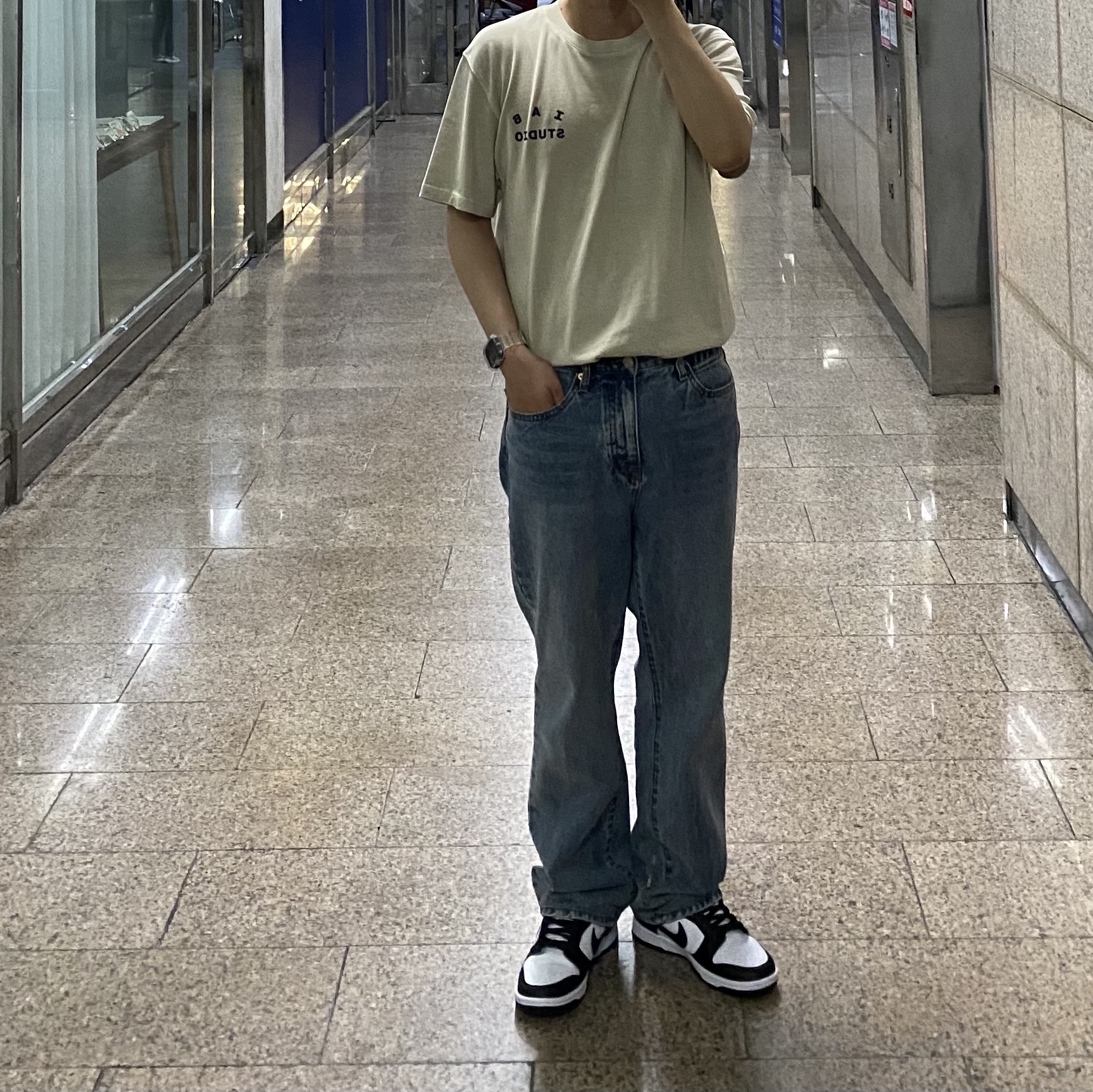 IAB Studio Pigment T-Shirt Oatmeal, Nike Dunk Low Retro Black 착용 스타일