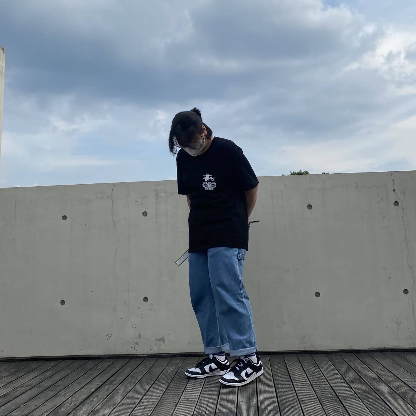 Nike Dunk Low Retro Black, Stussy One World T-Shirt Black 착용 스타일