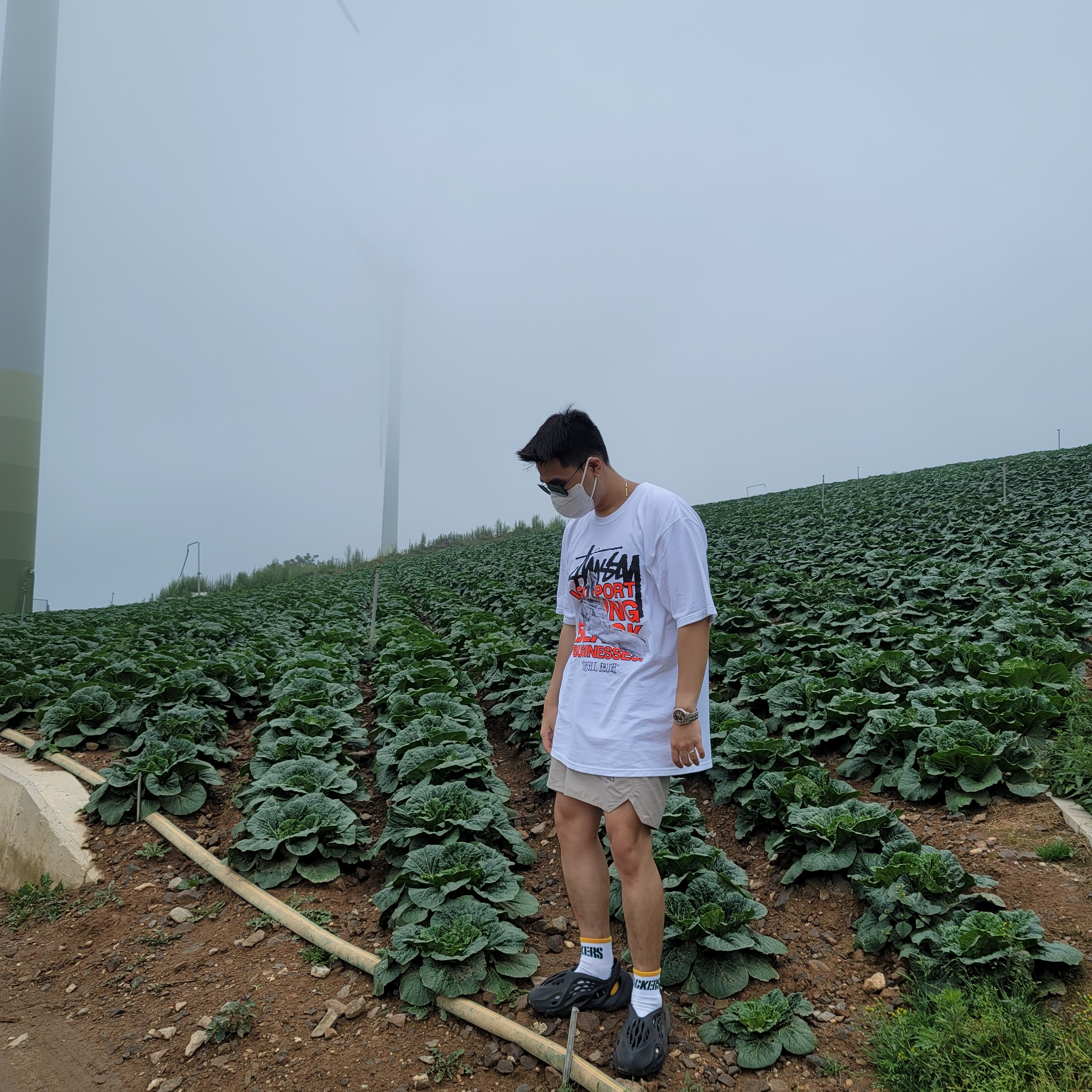 Adidas Yeezy Foam RNNR Mineral Blue, Stussy x Off-White 40 WT T-Shirt 착용 스타일