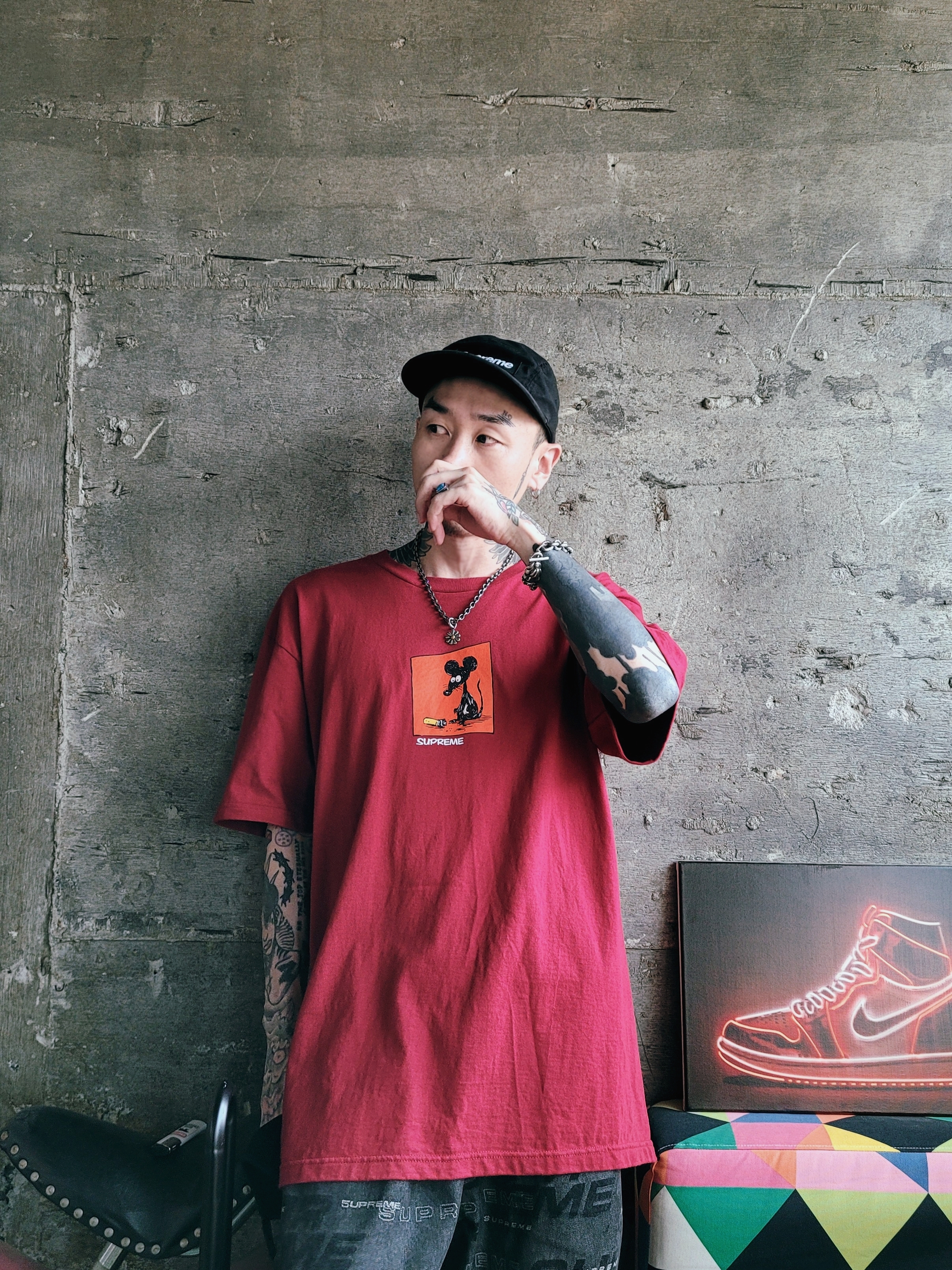 Supreme Mouse T-Shirt Cardinal - 21SS, Nike SB Dunk Low Pro Clear Jade 착용 스타일 - 2